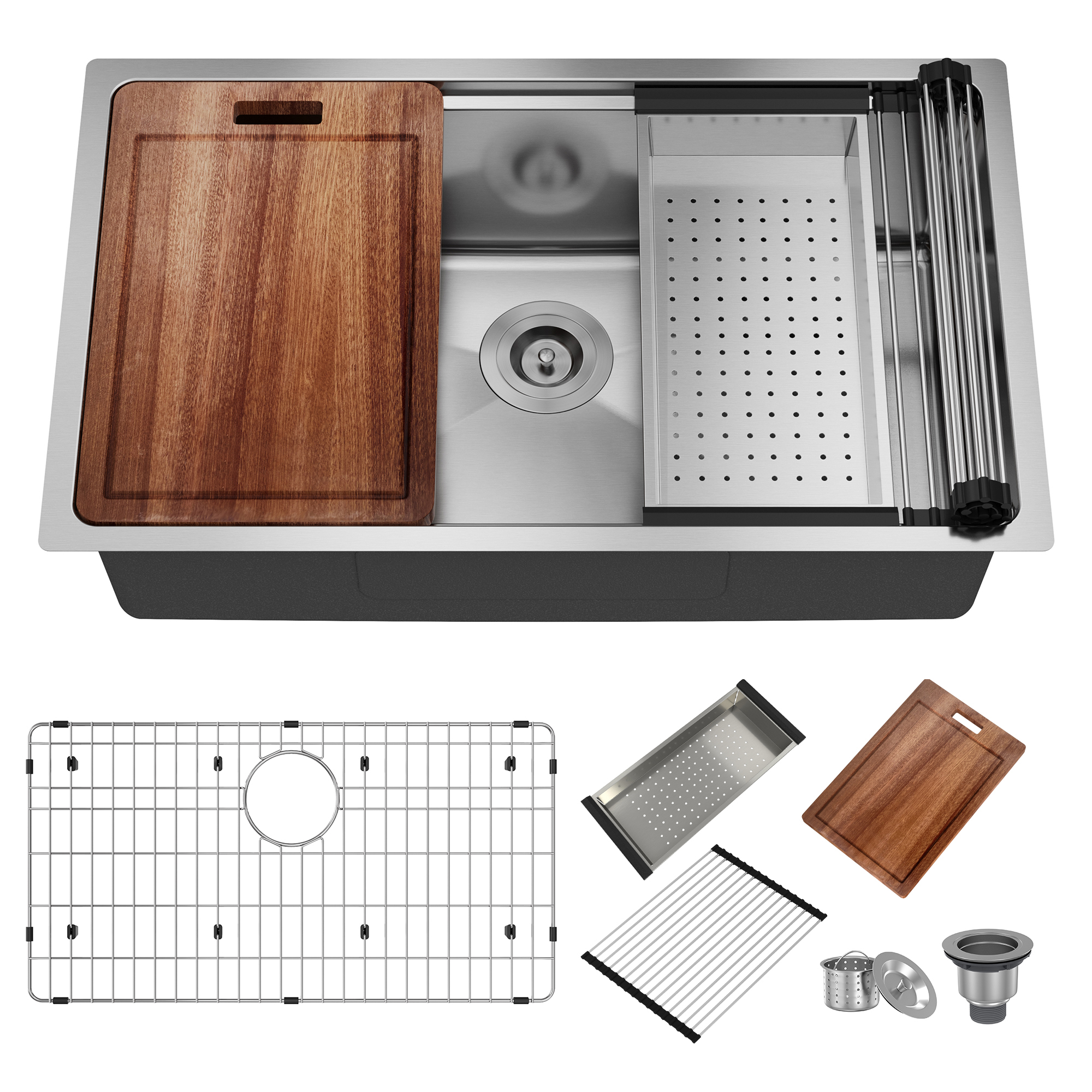 31-inch stainless steel kitchen sink workstation single grooves under the table with cutting board, roller blind, drain basket, drain grid and drainer