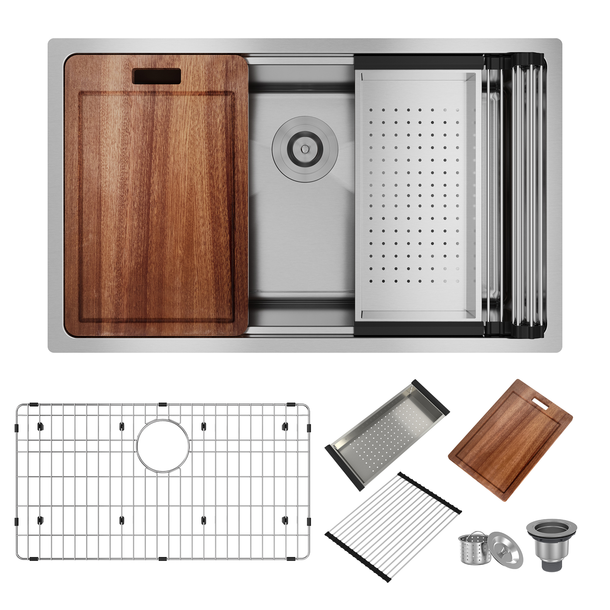 31-inch stainless steel kitchen sink workstation single grooves under the table with cutting board, roller blind, drain basket, drain grid and drainer