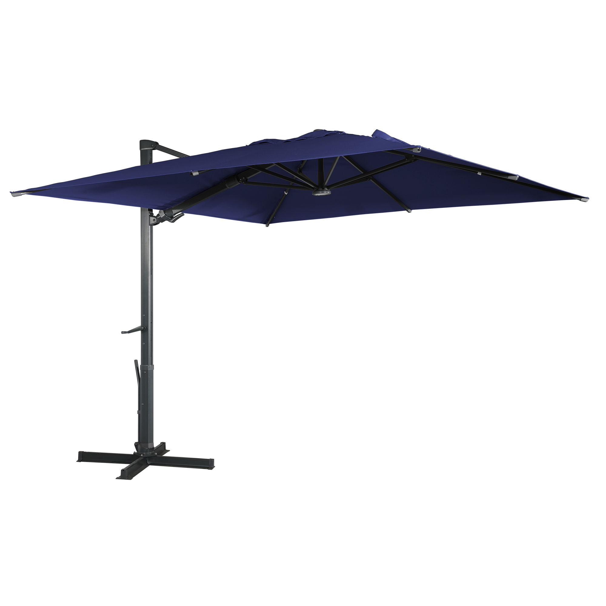 Square Aluminum Cantilever Patio Umbrella with 90° Tilt, LED & Bluetooth Mood Light, and Base Included