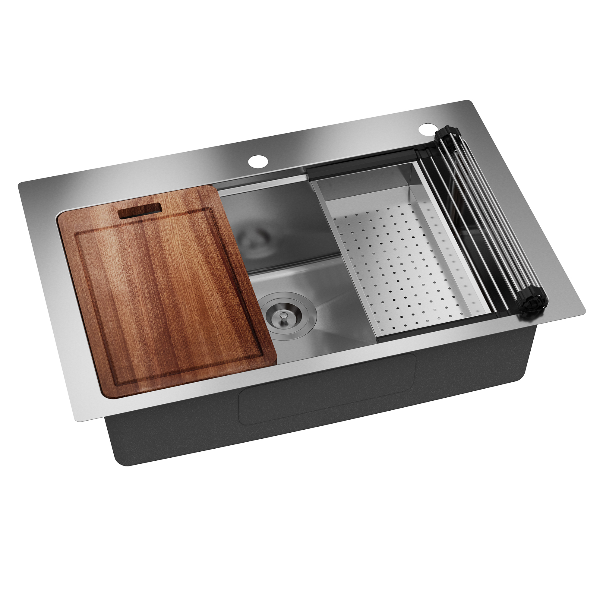 33-inch stainless steel kitchen sink workstation dual installation method single grooves with 2 faucet holes with cutting board, roller curtain, drain basket, drain grid and drainer