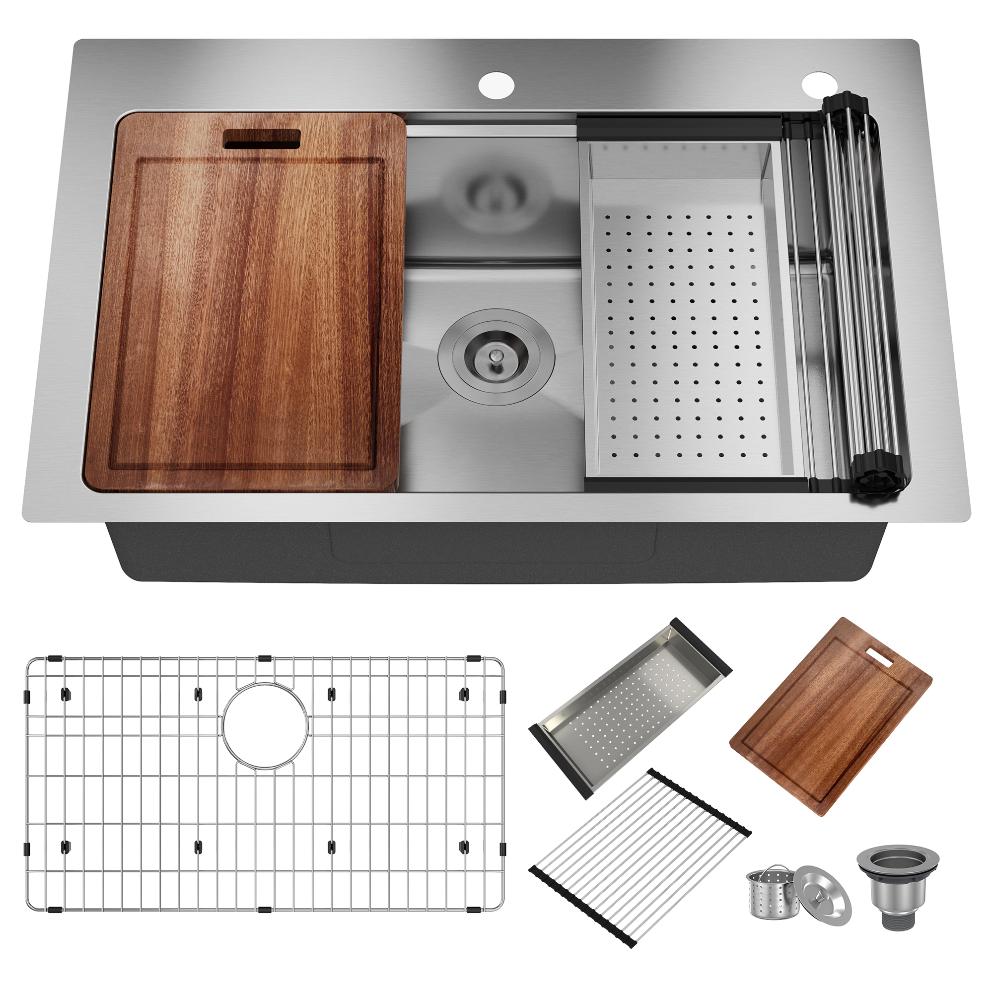 33-inch stainless steel kitchen sink workstation dual installation method single grooves with 2 faucet holes with cutting board, roller curtain, drain basket, drain grid and drainer