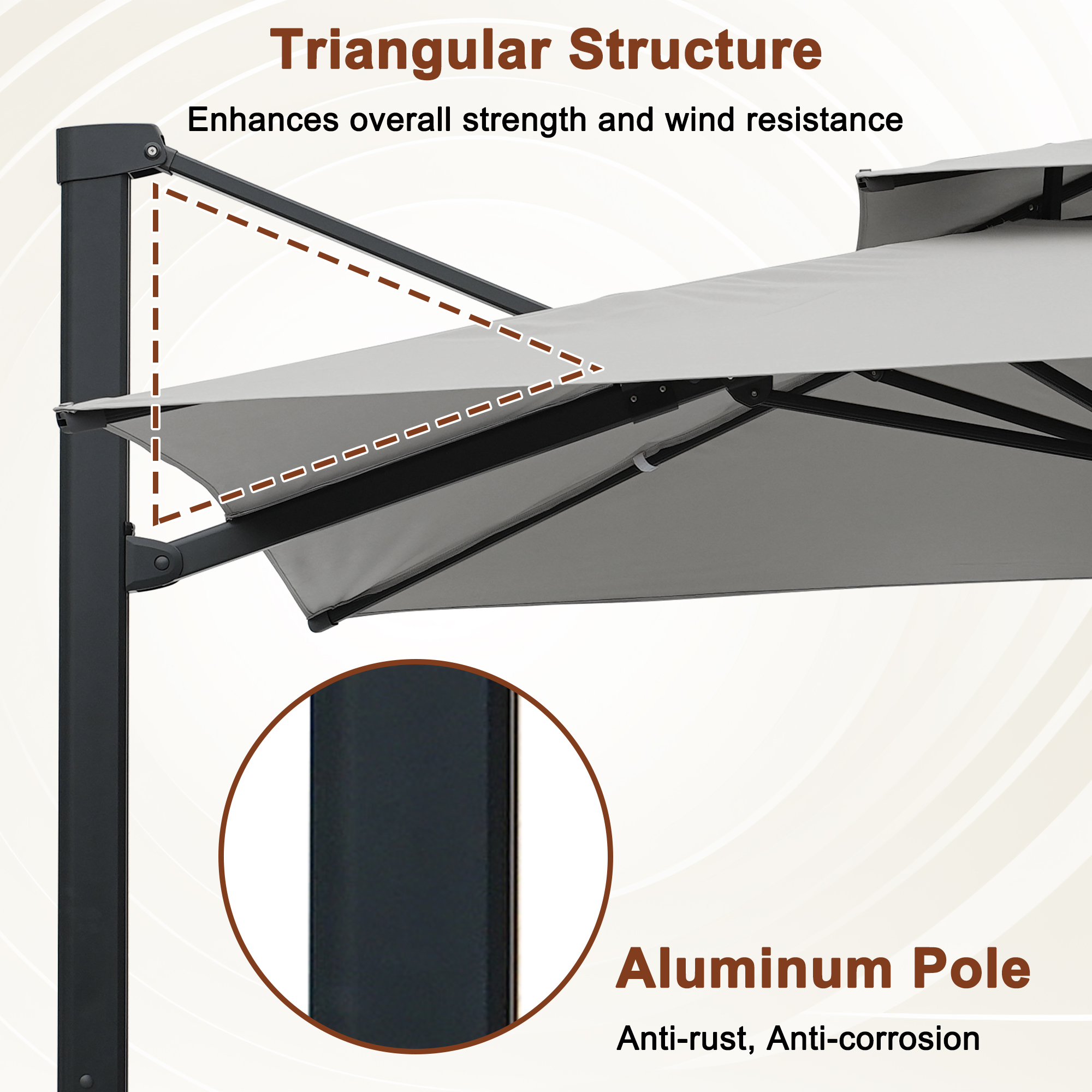 Aluminum Cantilever Patio Umbrella with Tilt Function, Removable Light Bar, and Base Included