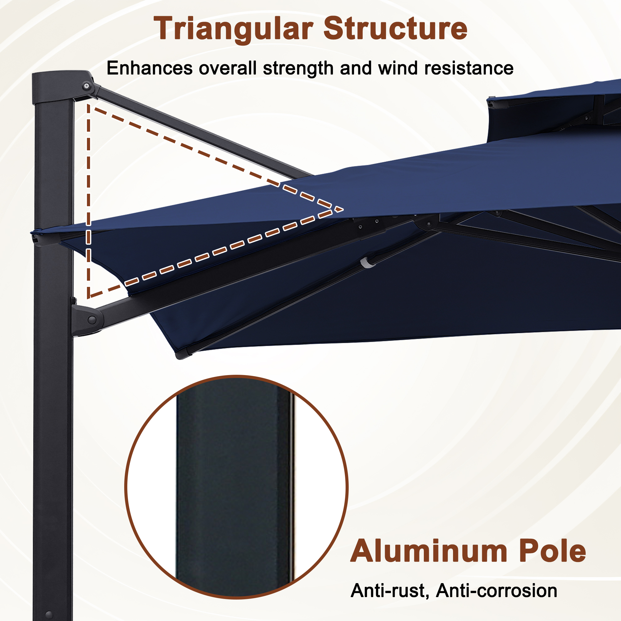 Aluminum Cantilever Patio Umbrella with Tilt Function, Removable Light Bar, and Base Included