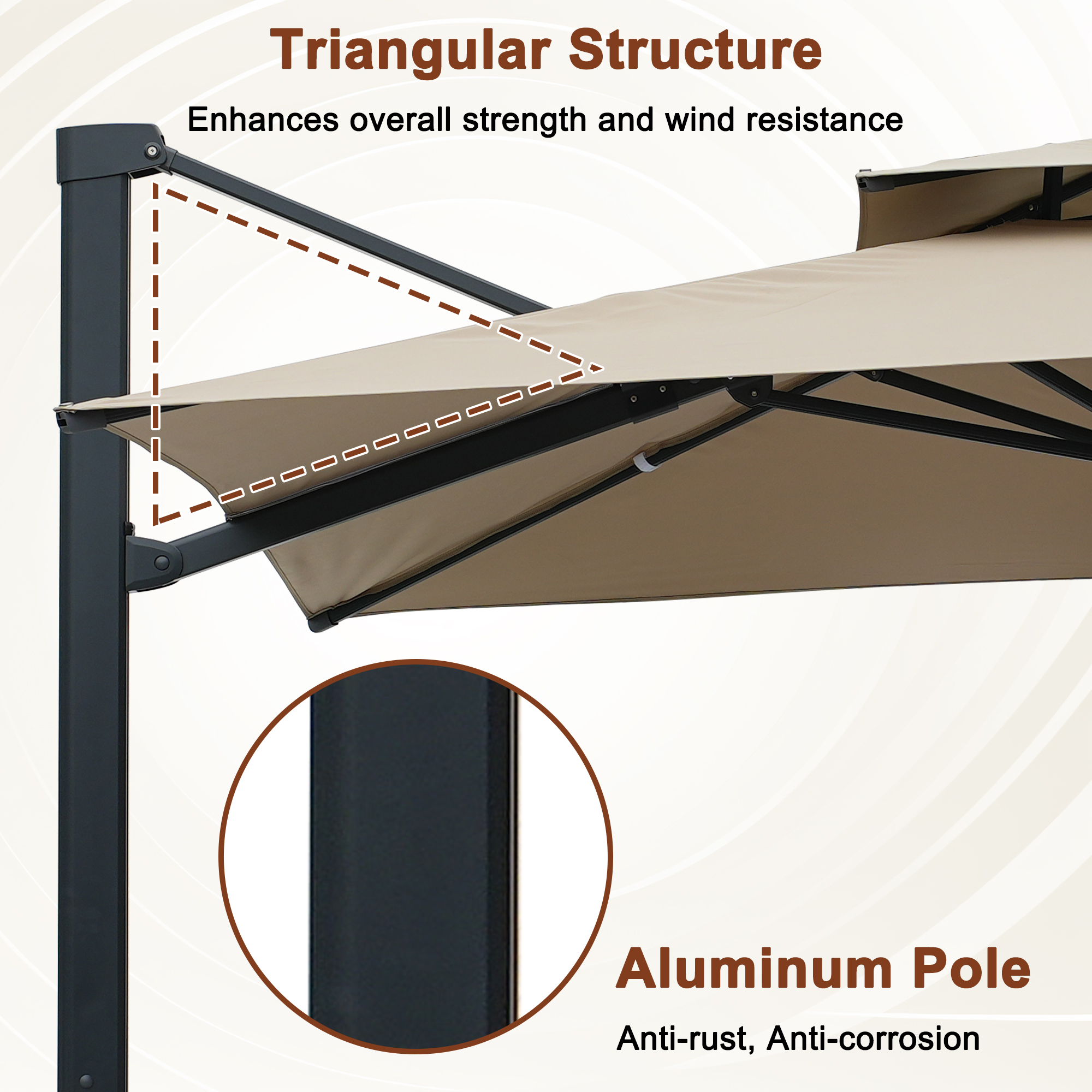 Aluminum Cantilever Patio Umbrella with Tilt Function, Removable Light Bar, and Base Included