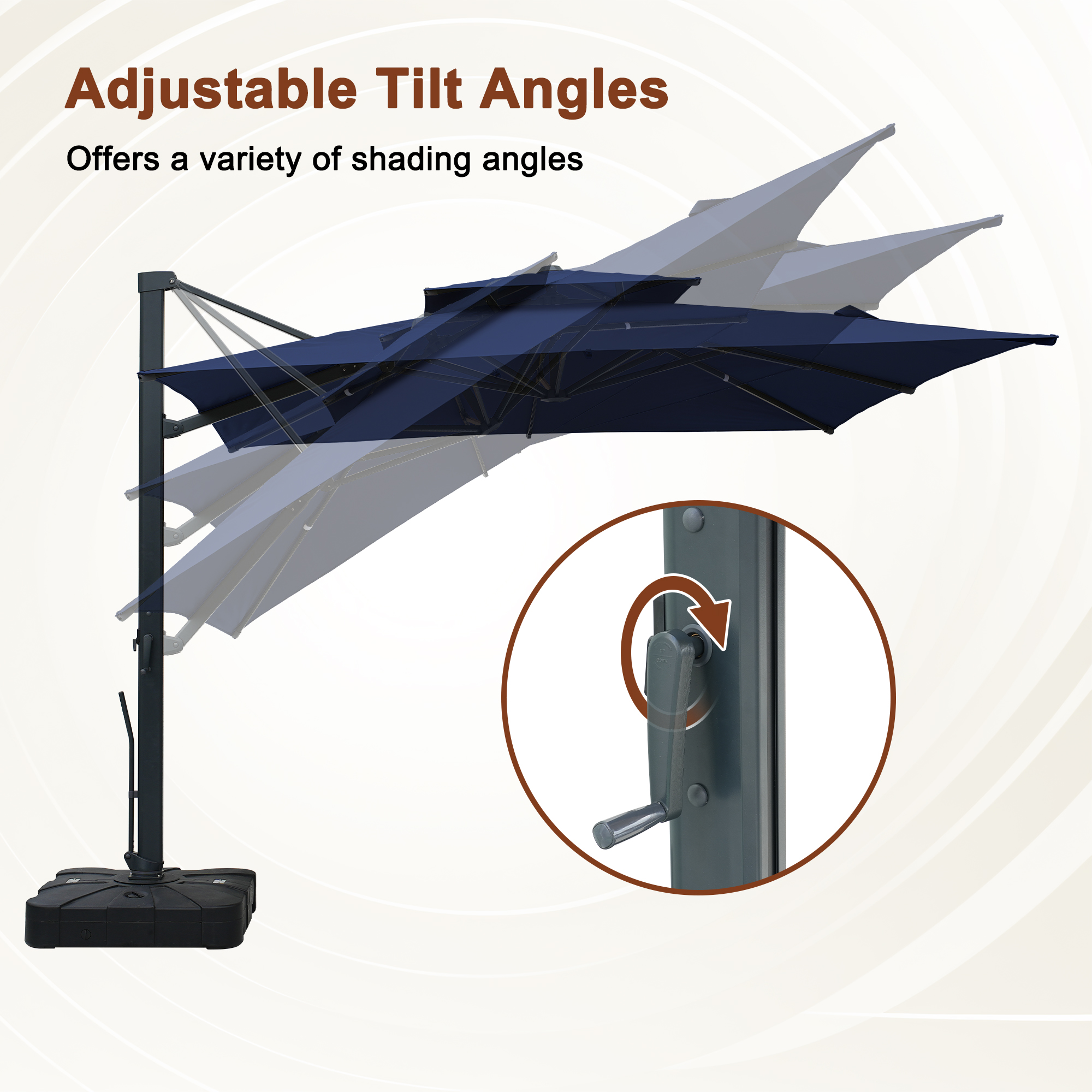 Aluminum Cantilever Patio Umbrella with Tilt Function, Removable Light Bar, and Base Included