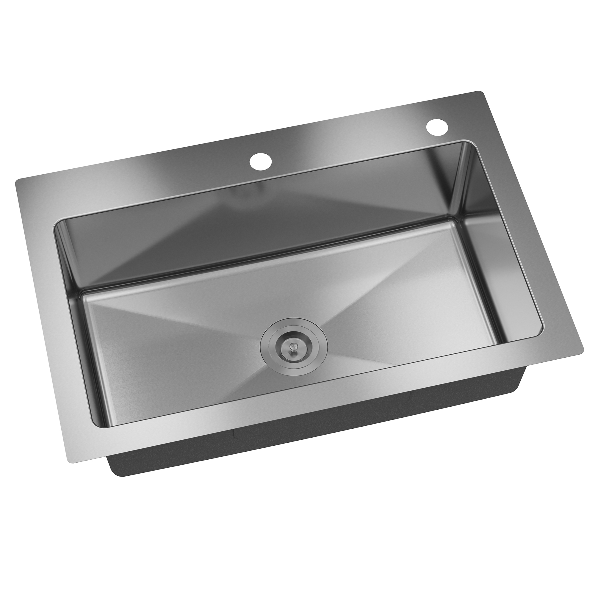 33-inch stainless steel sink on the counter installation single grooves with 2 faucet holes with drain grid and drainer thick 18Ga