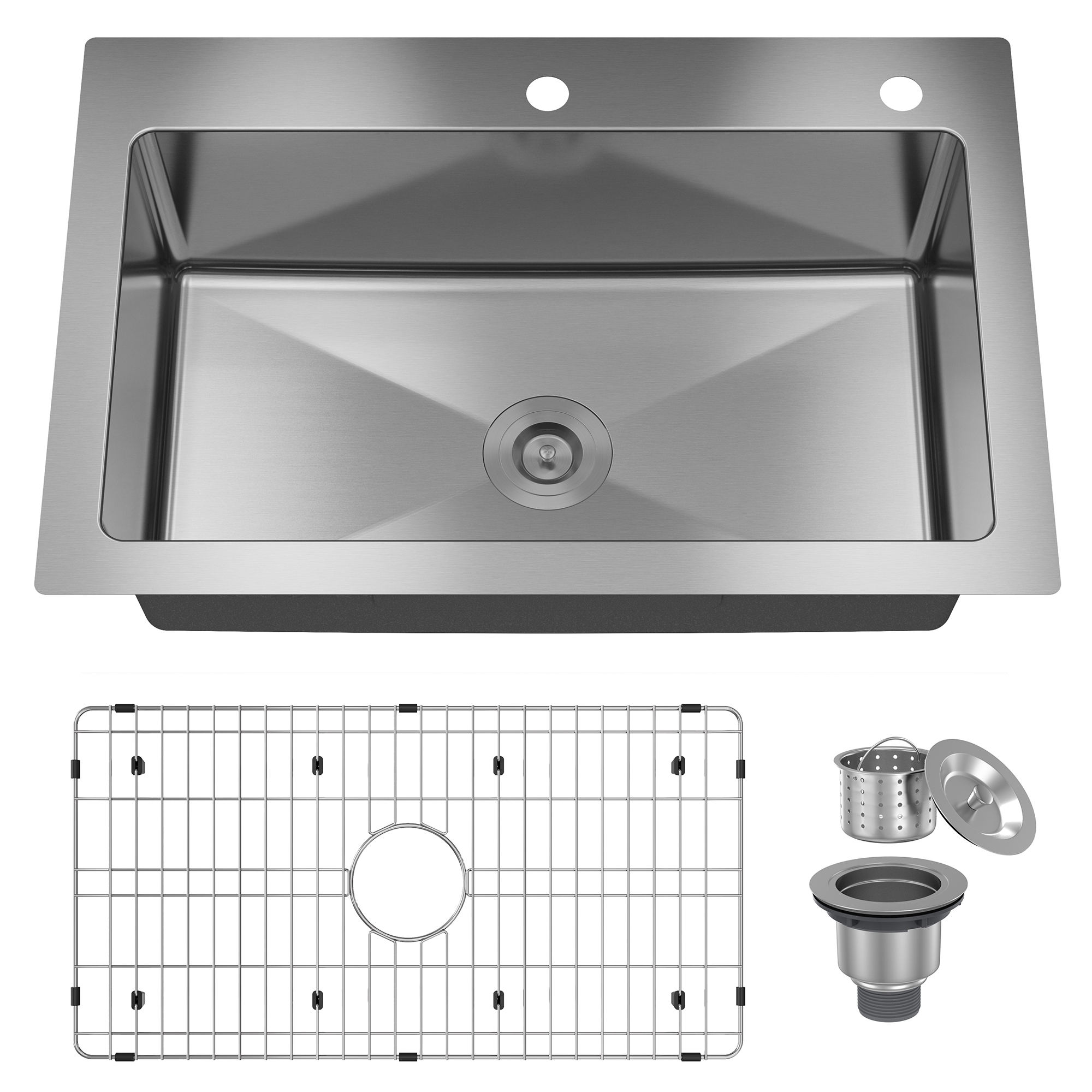 33-inch stainless steel sink on the counter installation single grooves with 2 faucet holes with drain grid and drainer thick 18Ga