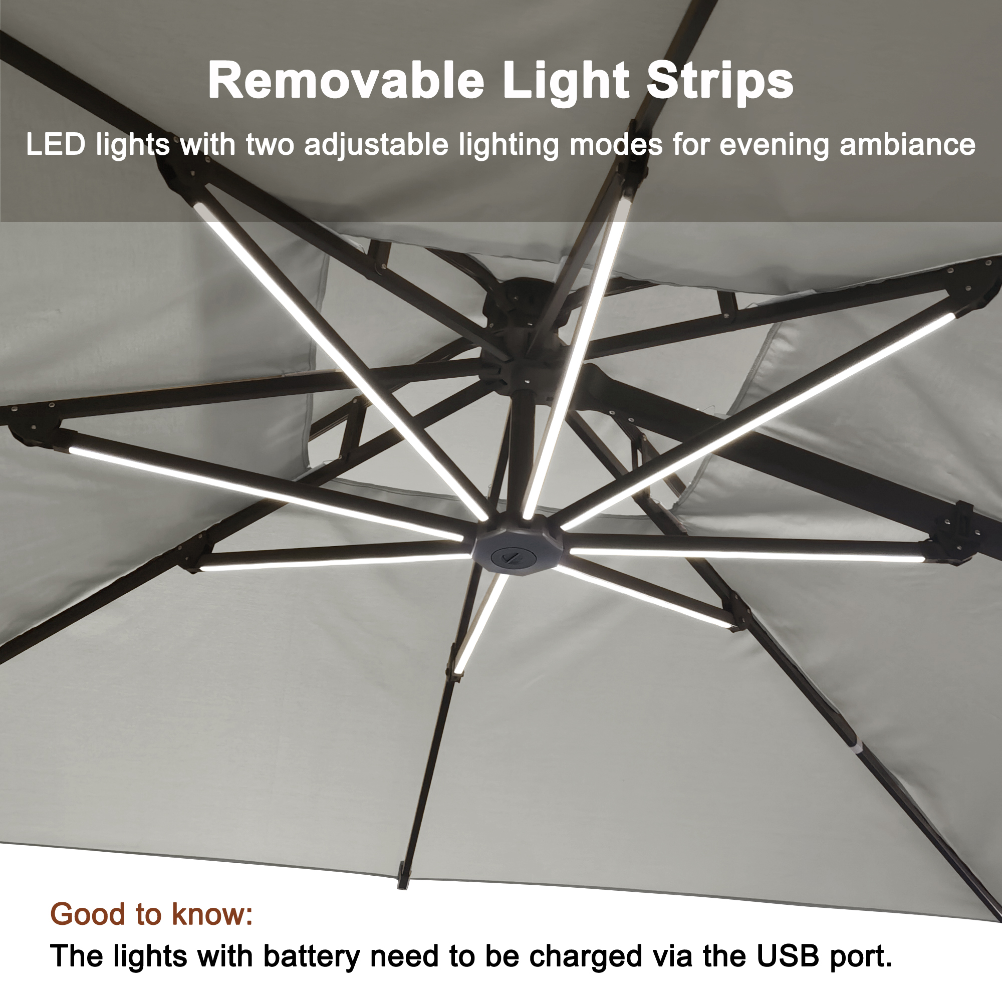 Aluminum Cantilever Patio Umbrella with Tilt Function, Removable Light Bar, and Base Included