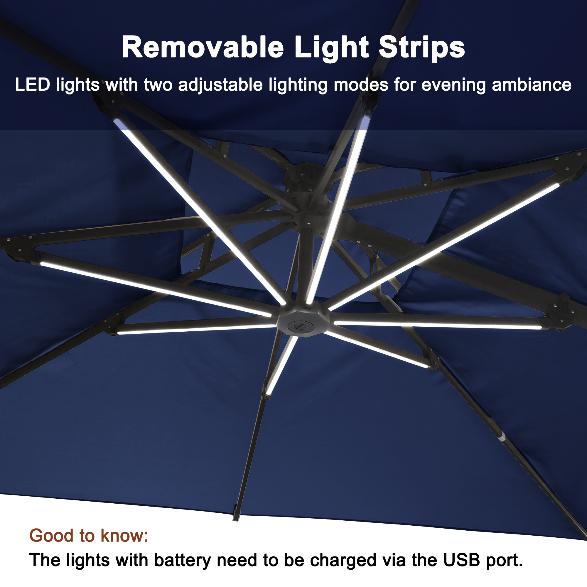 Aluminum Cantilever Patio Umbrella with Tilt Function, Removable Light Bar, and Base Included