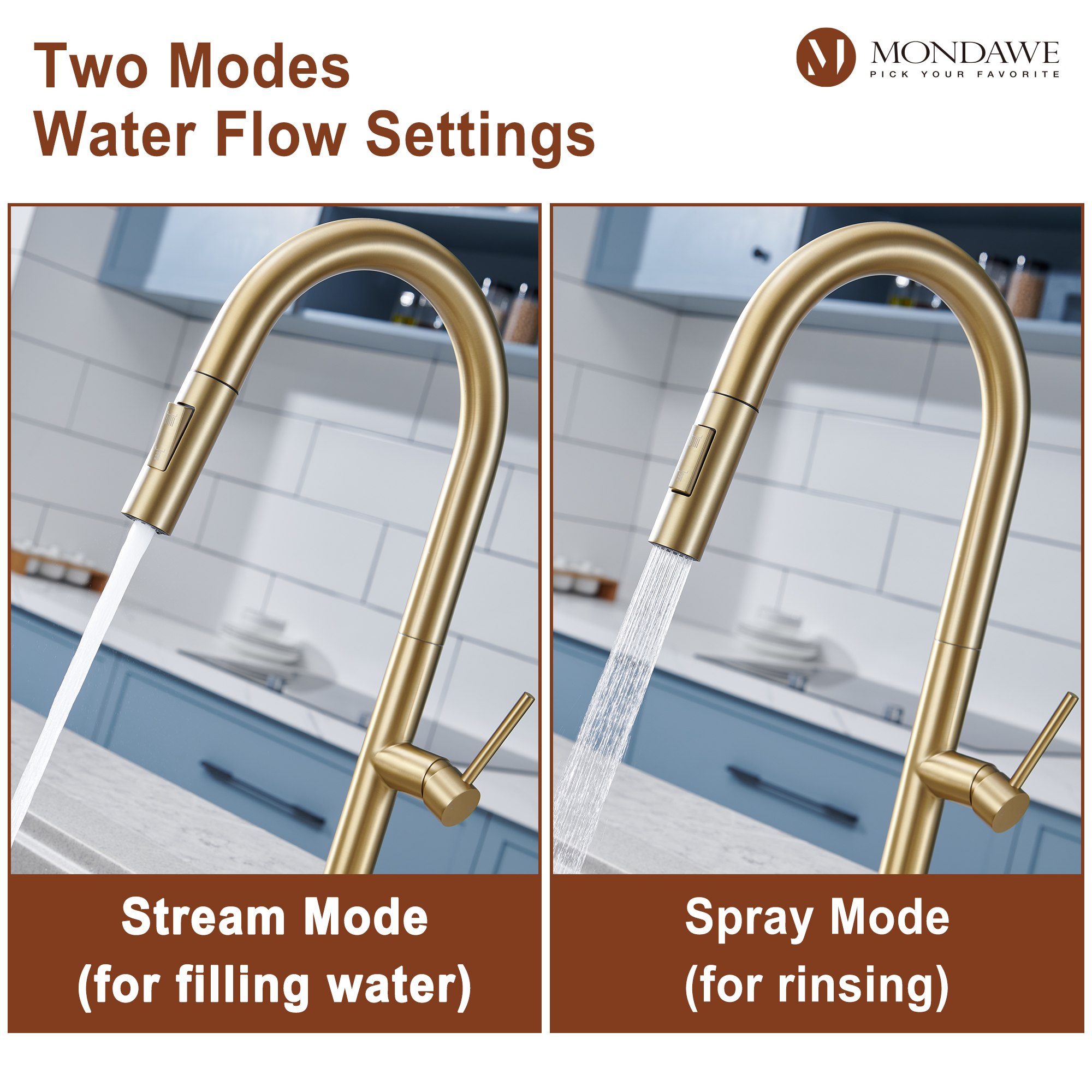 Single Handle Deck Mount High Arc Pull Down Kitchen Faucet with Accessories-Mondawe