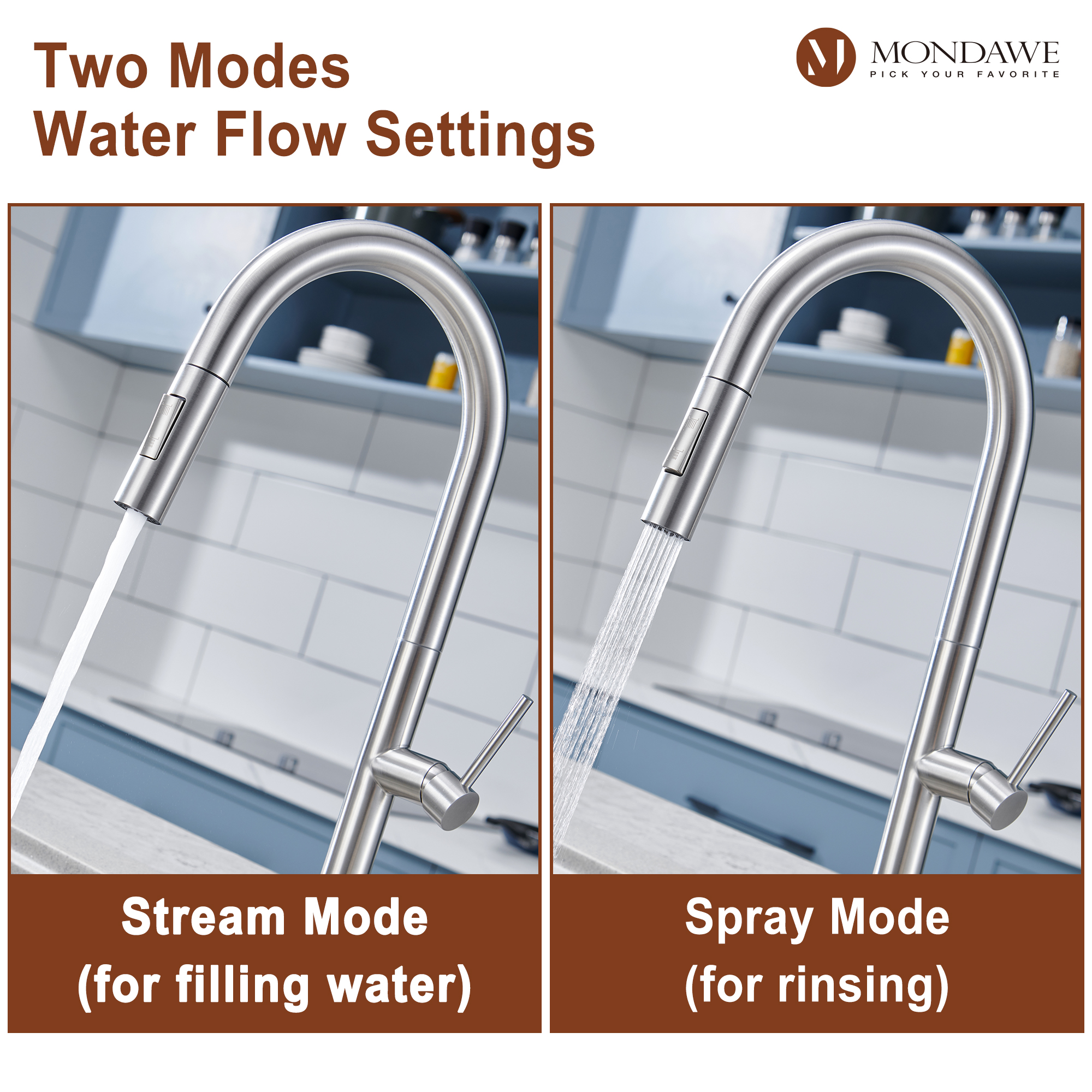 Single Handle Deck Mount High Arc Pull Down Kitchen Faucet with Accessories-Mondawe