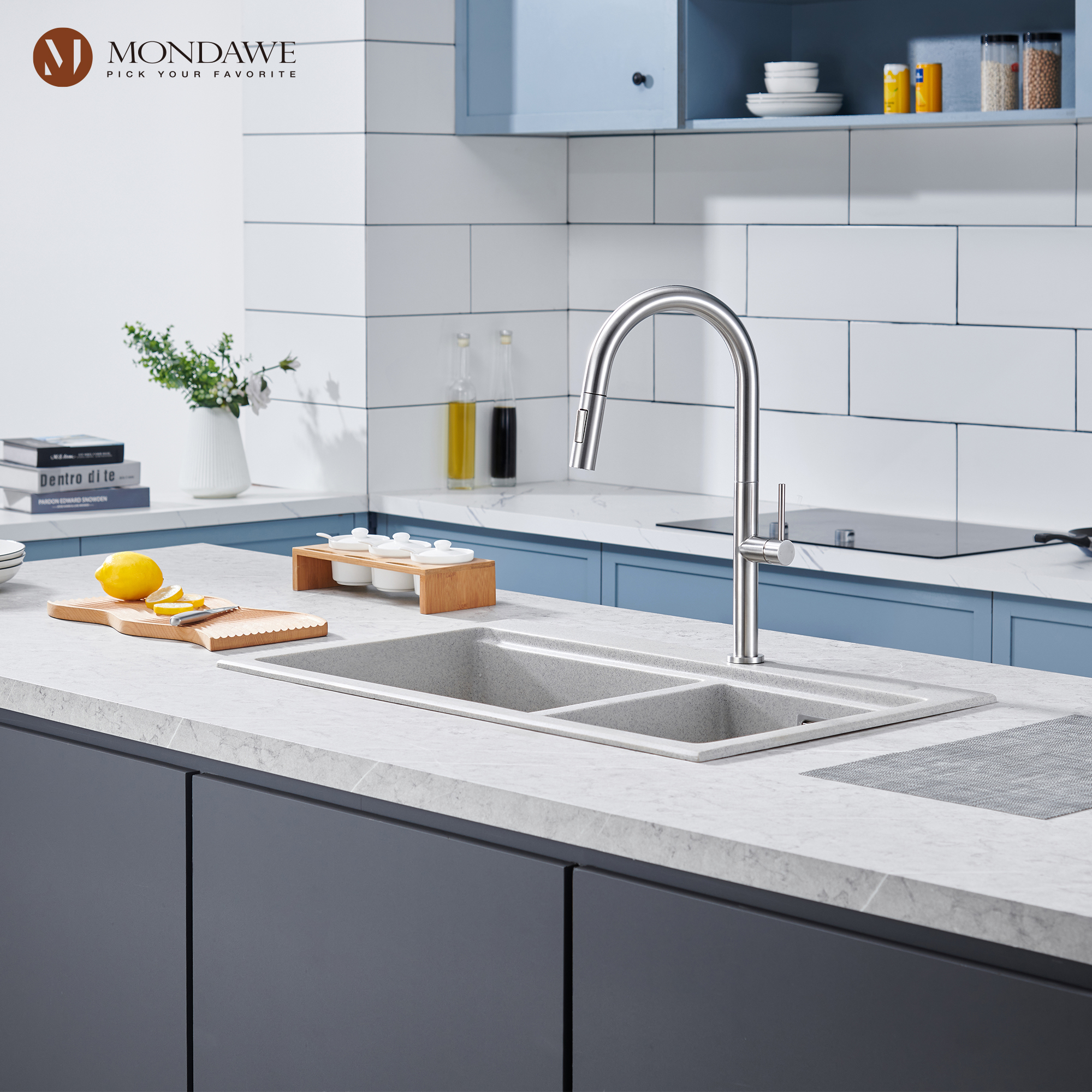 Single Handle Deck Mount High Arc Pull Down Kitchen Faucet with Accessories-Mondawe