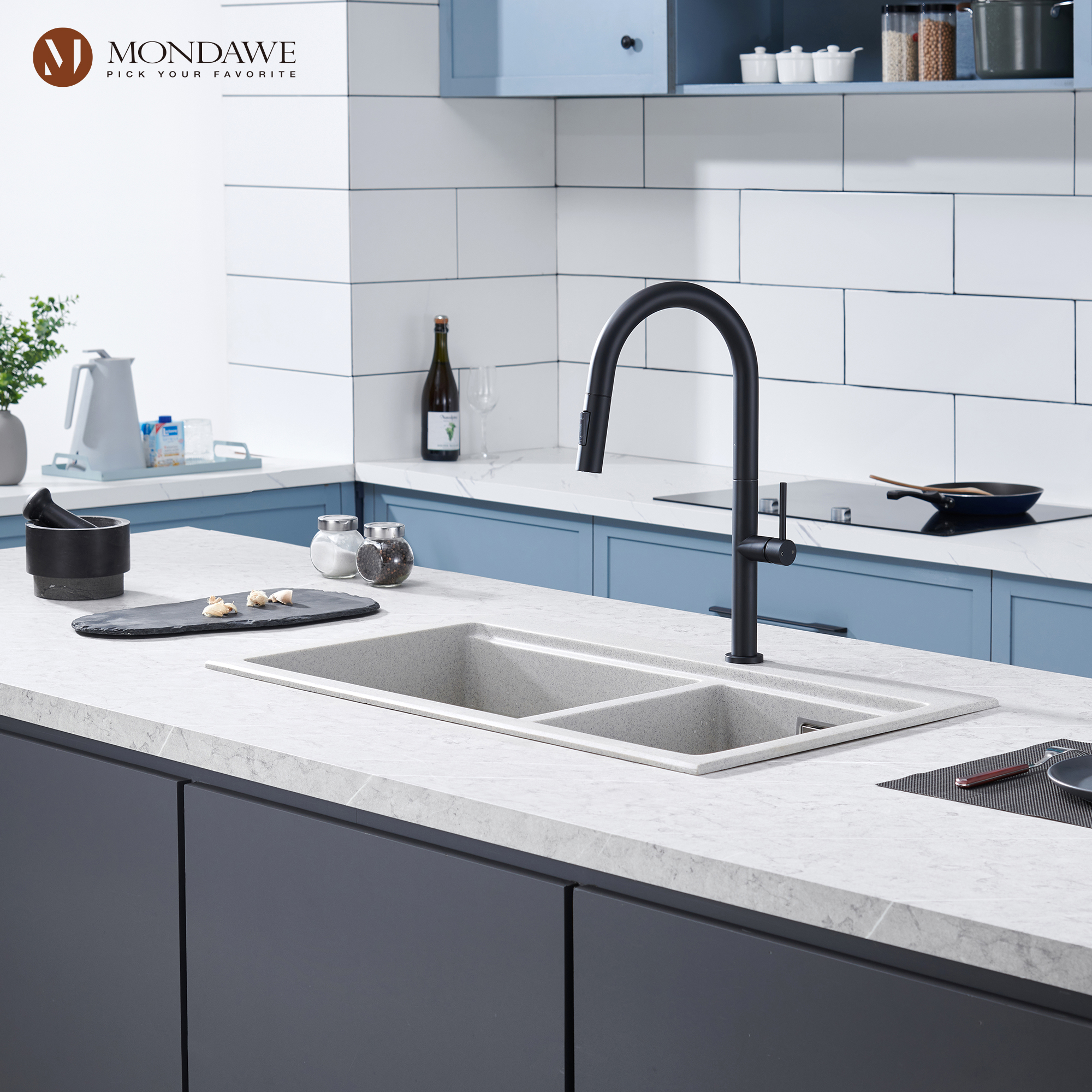 Single Handle Deck Mount High Arc Pull Down Kitchen Faucet with Accessories-Mondawe