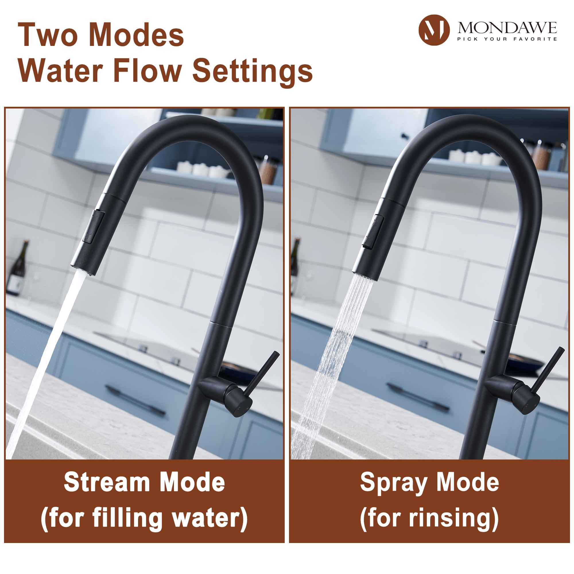 Single Handle Deck Mount High Arc Pull Down Kitchen Faucet with Accessories-Mondawe