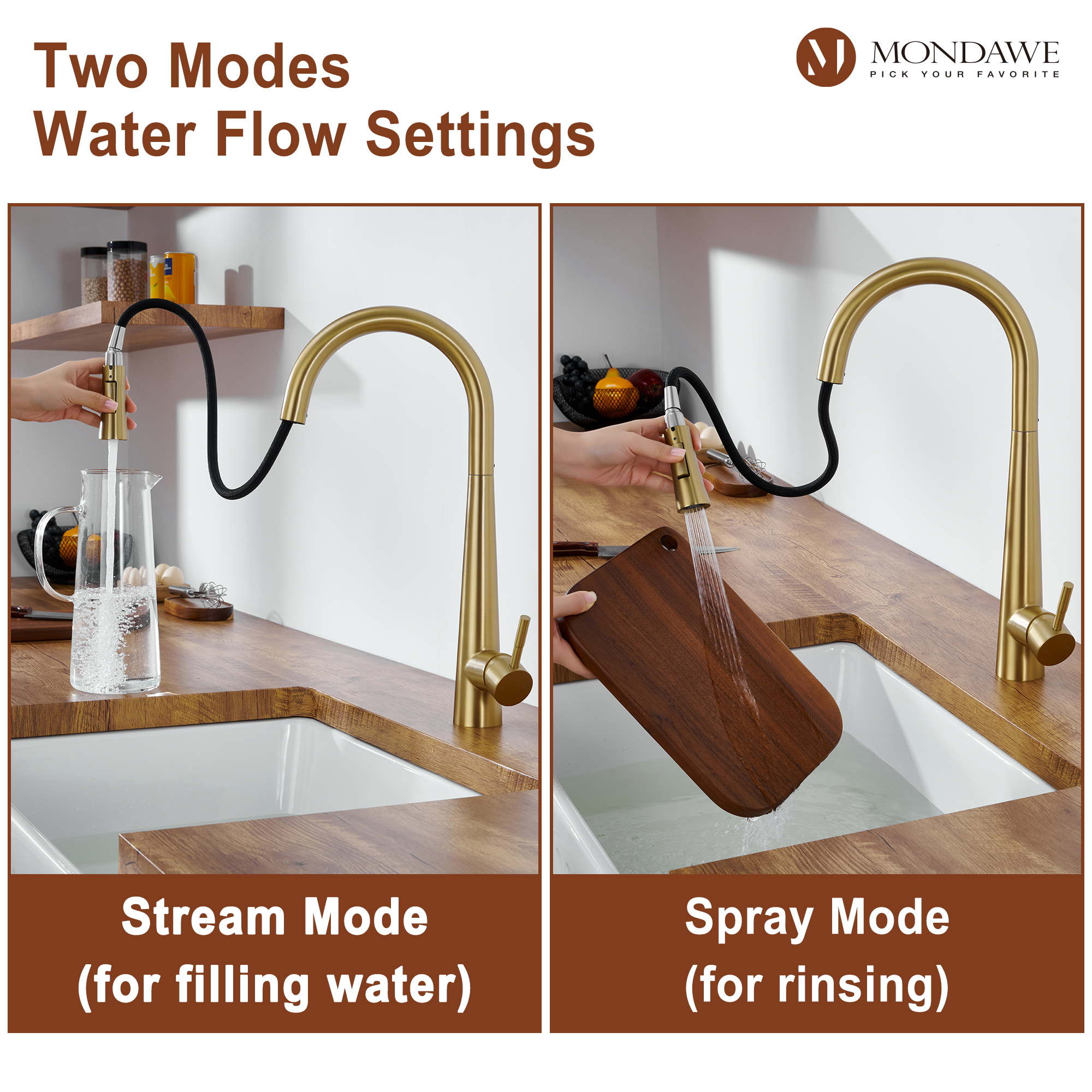 High Arc Pull Down Single Handle Kitchen Faucet with Accessories-Mondawe