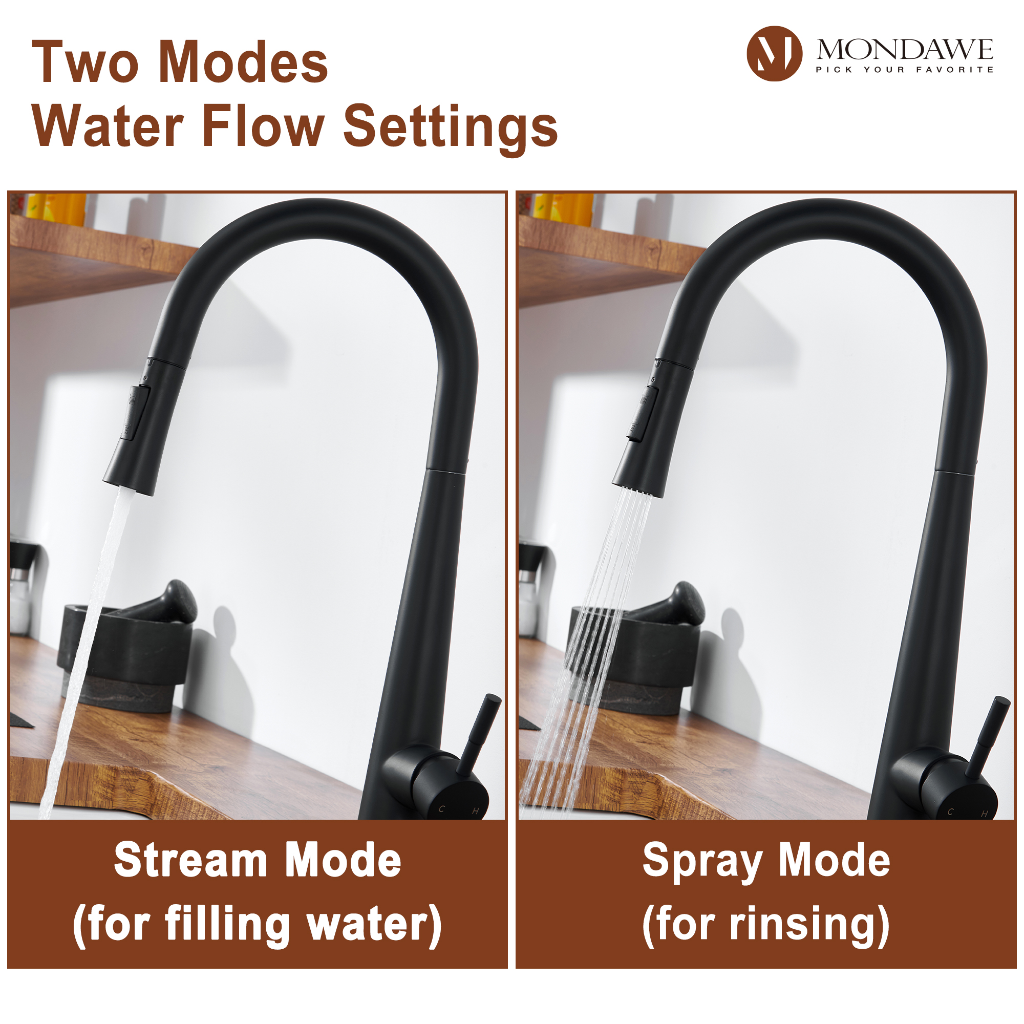 High Arc Pull Down Single Handle Kitchen Faucet with Accessories-Mondawe