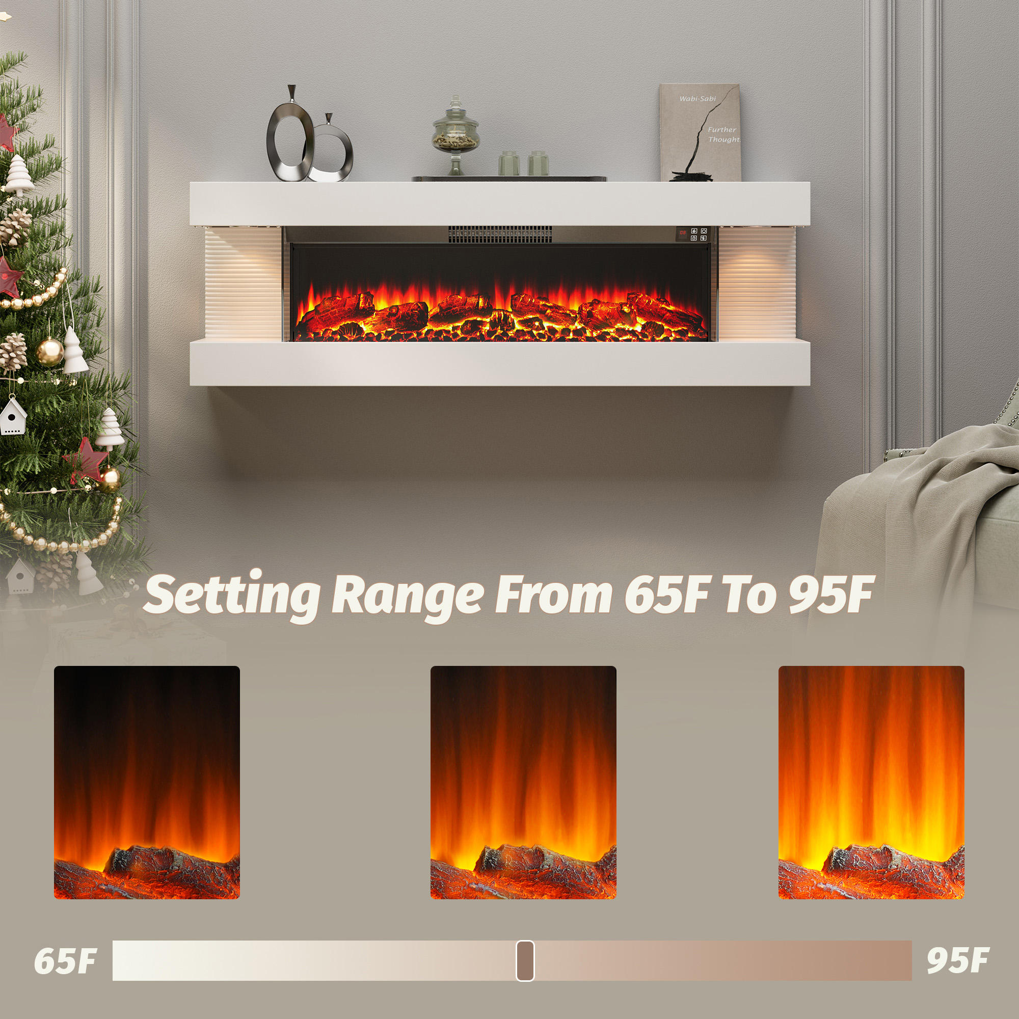 50-inch Wall Mounted Hanging Electric Fireplace with Remote Control in Black