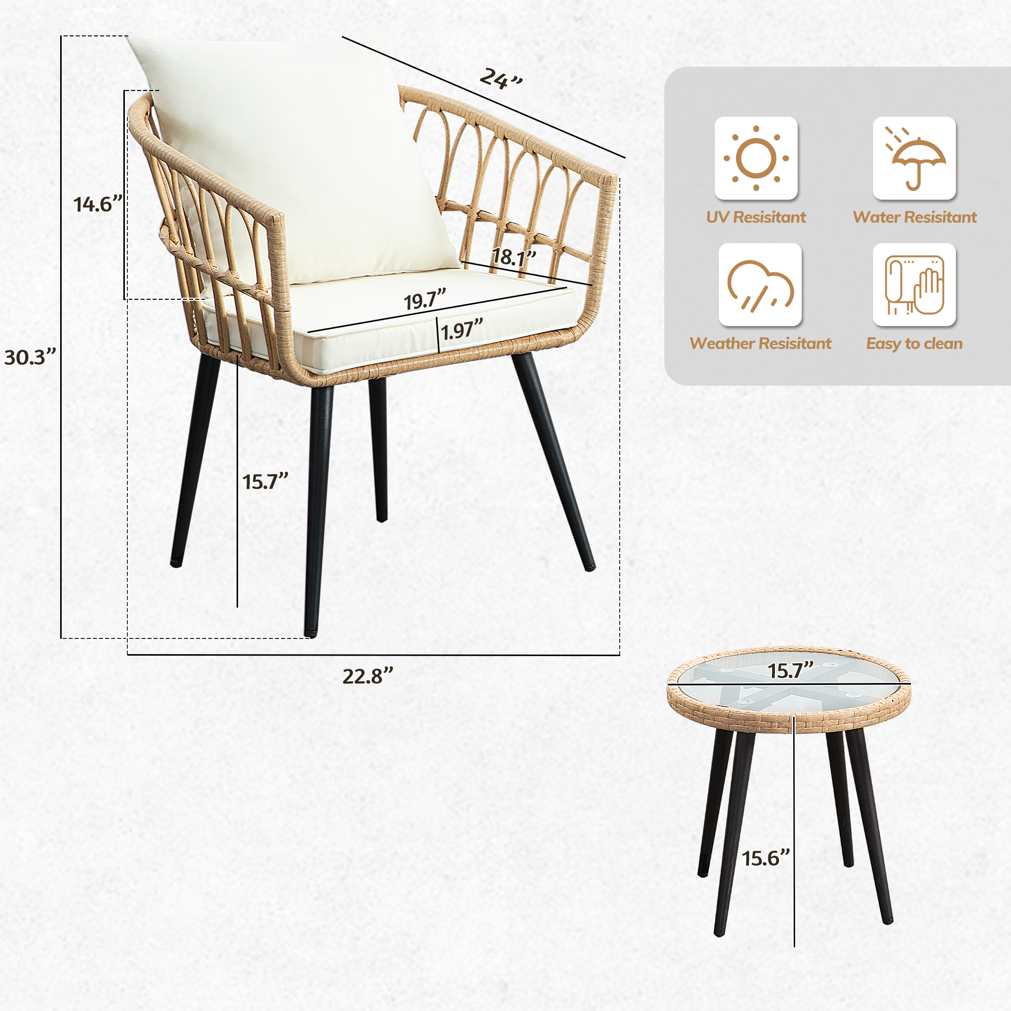 3-Piece PE Rattan Patio Bistro Set – 2 Chairs and 1 Coffee Table with Waterproof Cushions, Outdoor Furniture Set for Balcony/Garden, Beige