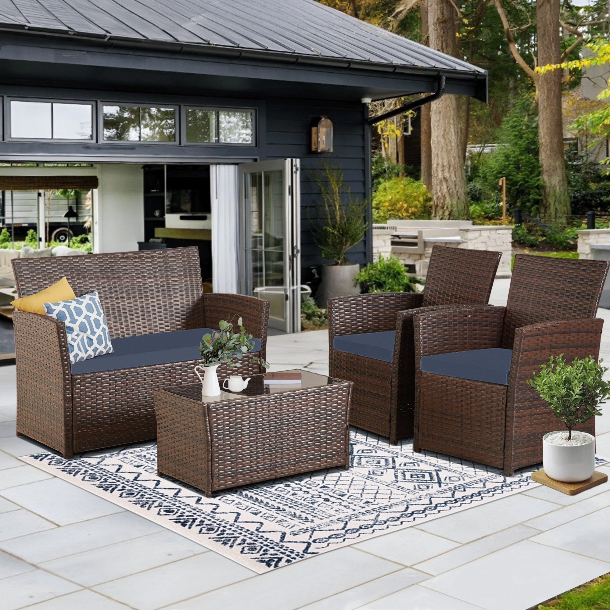 4-Piece PE Rattan Patio Furniture Set – Double Sofa, 2 Armchairs, Coffee Table with Cushions, Weather-Resistant Outdoor Conversation Set, Brown-Blue/Gray/Black-Gray/Black-Blue