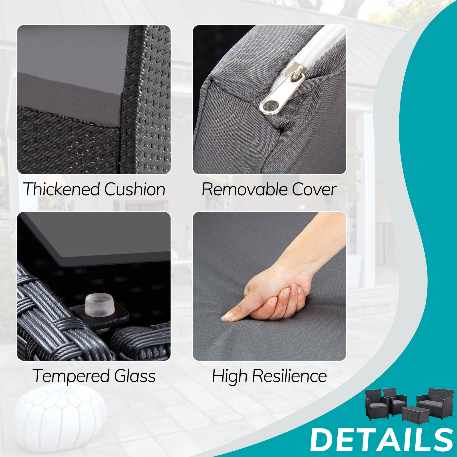 4-Piece PE Rattan Patio Furniture Set – Double Sofa, 2 Armchairs, Coffee Table with Cushions, Weather-Resistant Outdoor Conversation Set, Brown-Blue/Gray/Black-Gray/Black-Blue