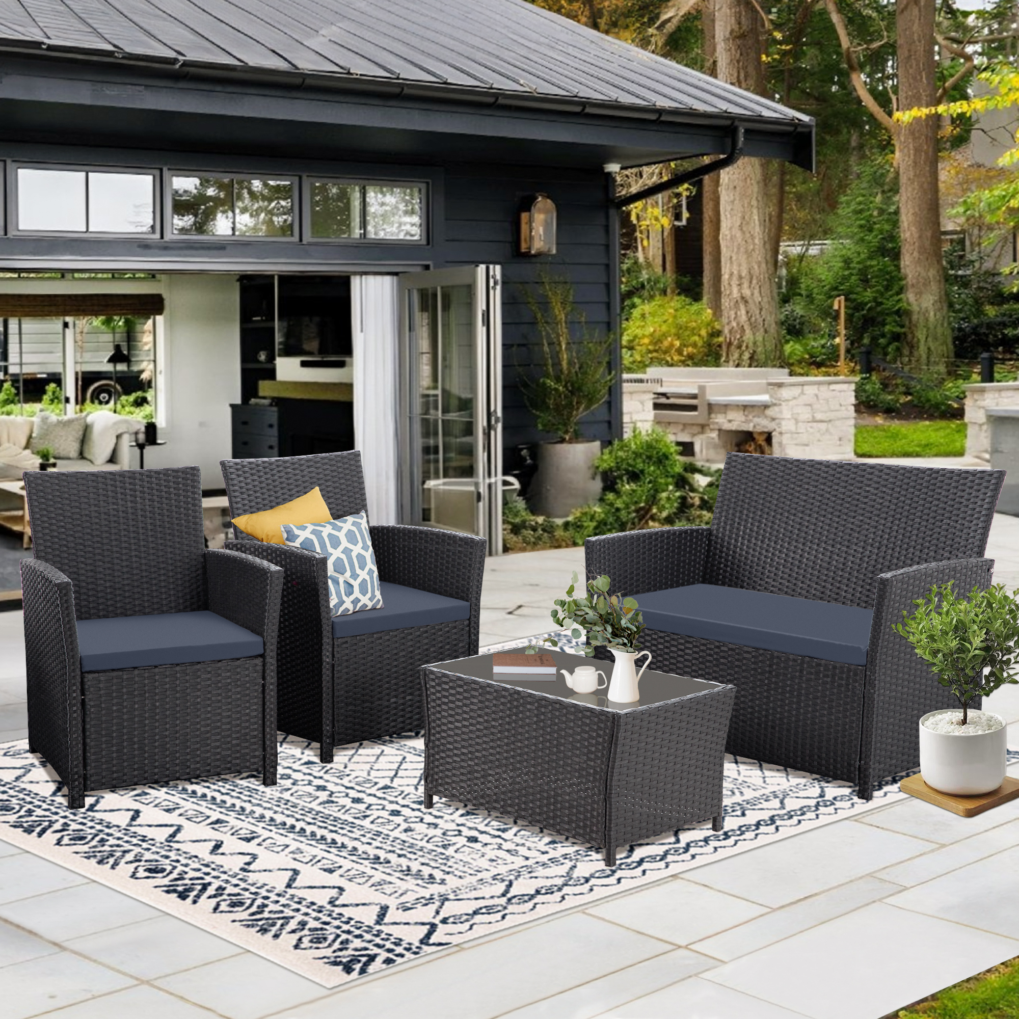 4-Piece PE Rattan Patio Furniture Set – Double Sofa, 2 Armchairs, Coffee Table with Cushions, Weather-Resistant Outdoor Conversation Set, Brown-Blue/Gray/Black-Gray/Black-Blue