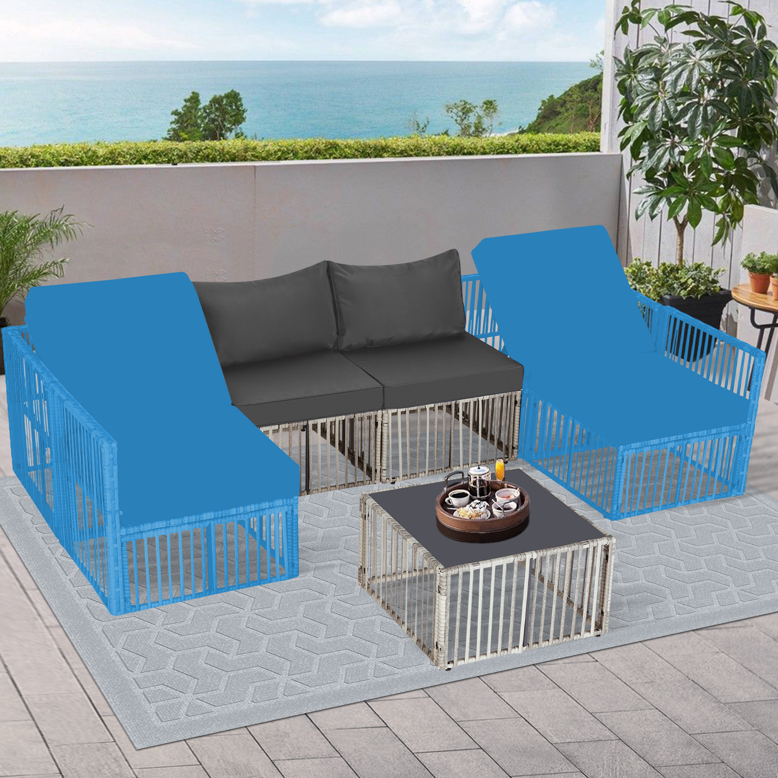 7-Piece Outdoor Patio Furniture Set – PE Rattan Sectional Sofa with Cushions & Coffee Table, All-Weather Wicker, Removable Covers，Gray/Blue/Brown