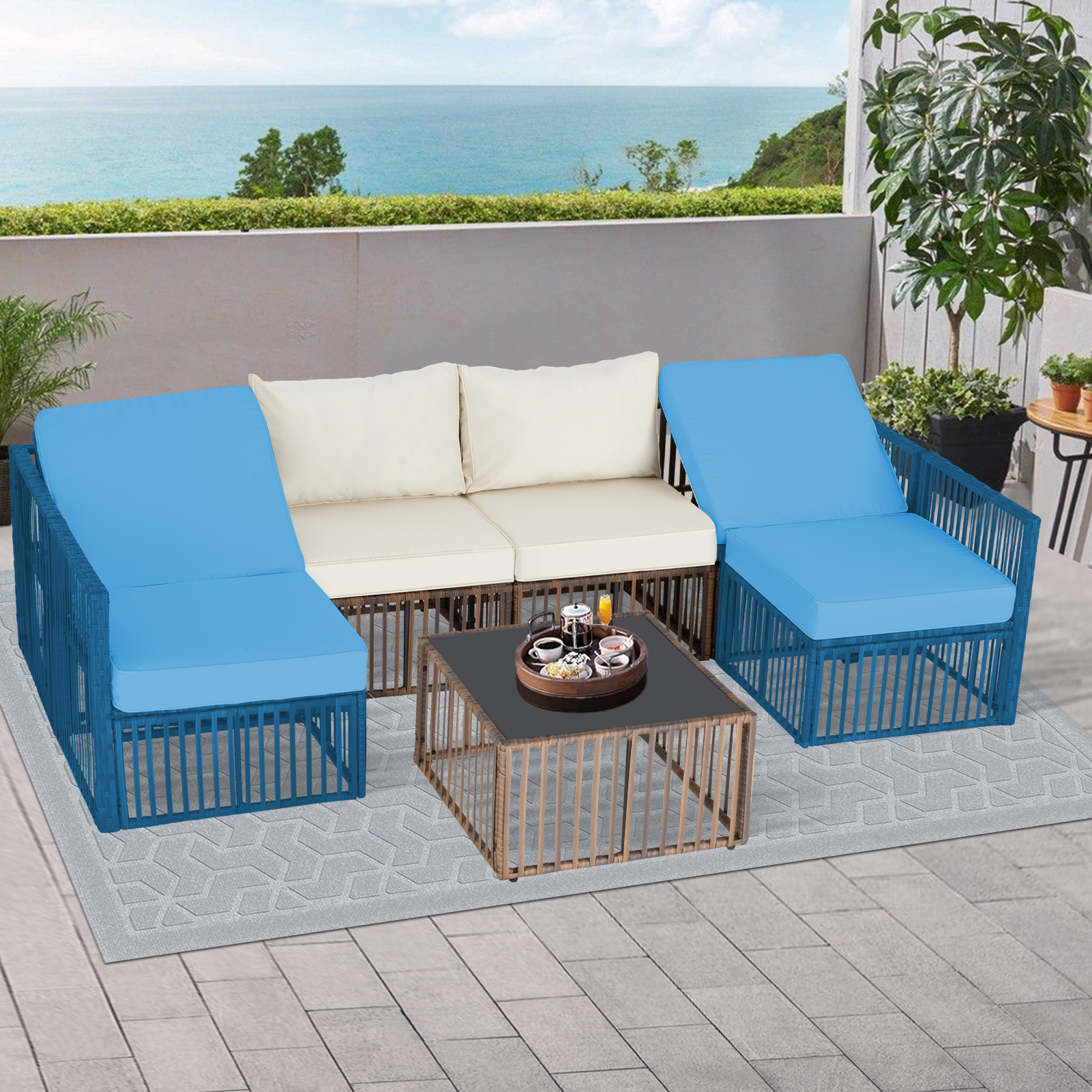 7-Piece Outdoor Patio Furniture Set – PE Rattan Sectional Sofa with Cushions & Coffee Table, All-Weather Wicker, Removable Covers，Gray/Blue/Brown