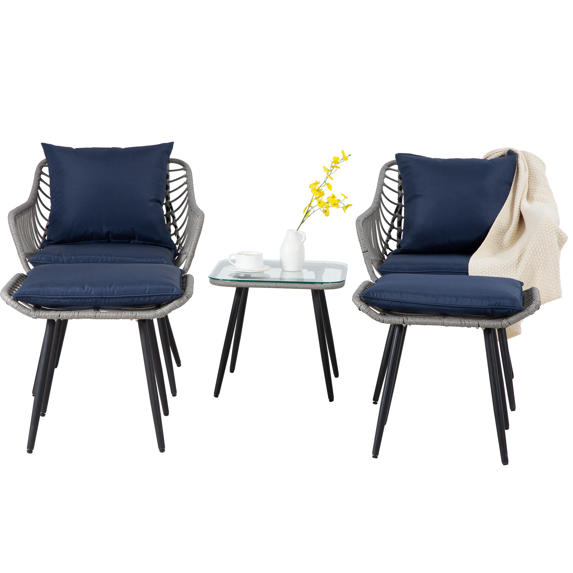 7-Piece Patio Bistro Set – PE Rattan Chairs with Cushions, Ottomans, and Tempered Glass Coffee Table, Compact Outdoor Furniture for Balcony or Small Spaces (Blue/Beige)