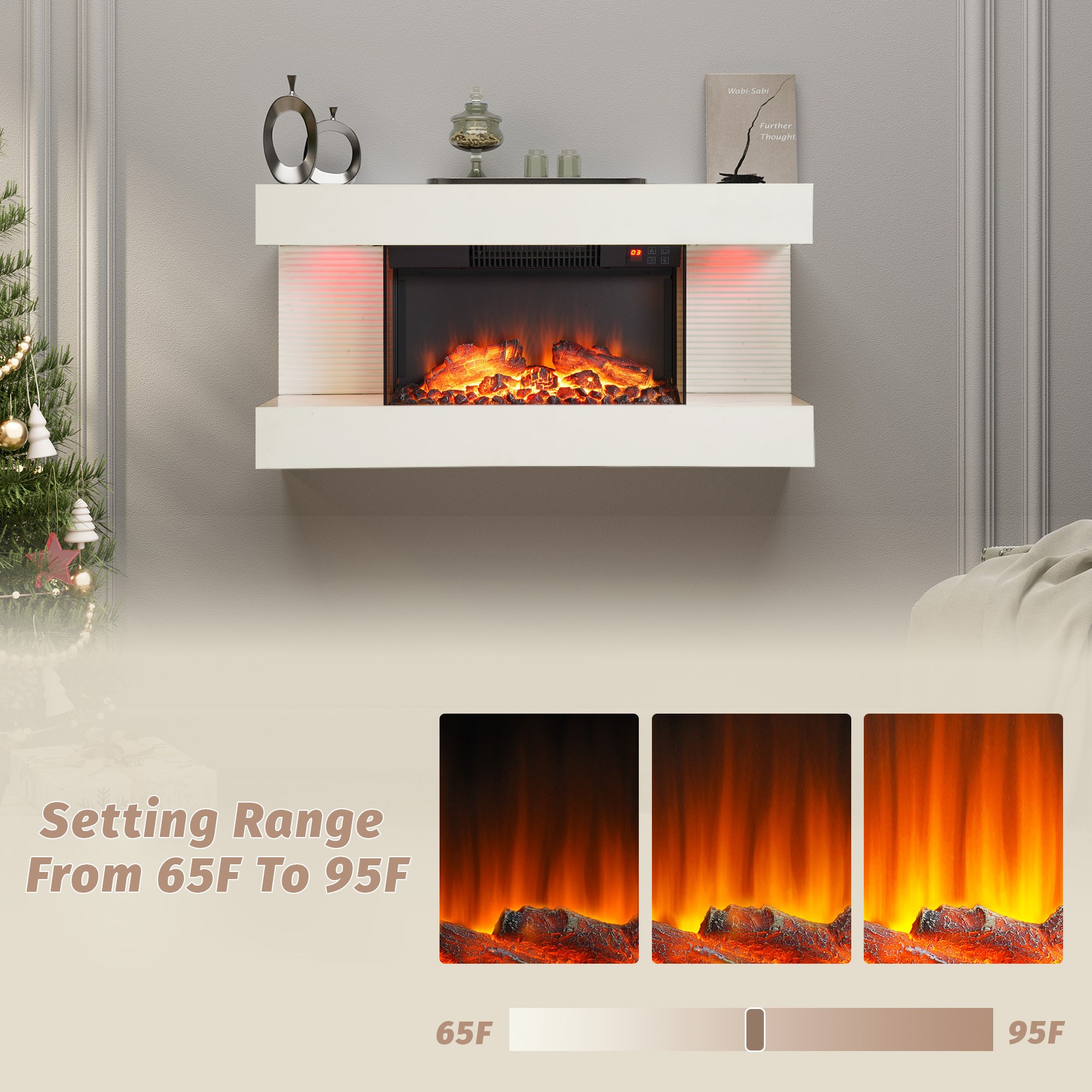 32-inch Wall Mounted Hanging Electric Fireplace with Remote Control in Black