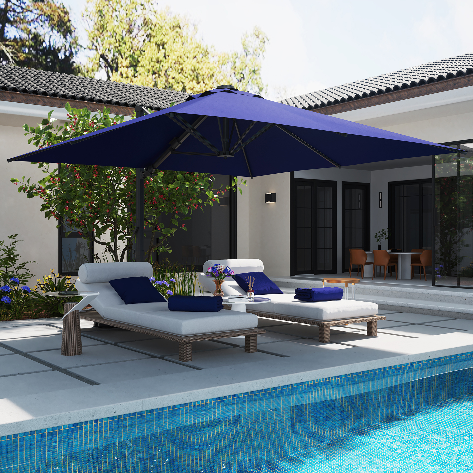 Square Aluminum Cantilever Patio Umbrella with 90° Tilt, LED & Bluetooth Mood Light, and Base Included