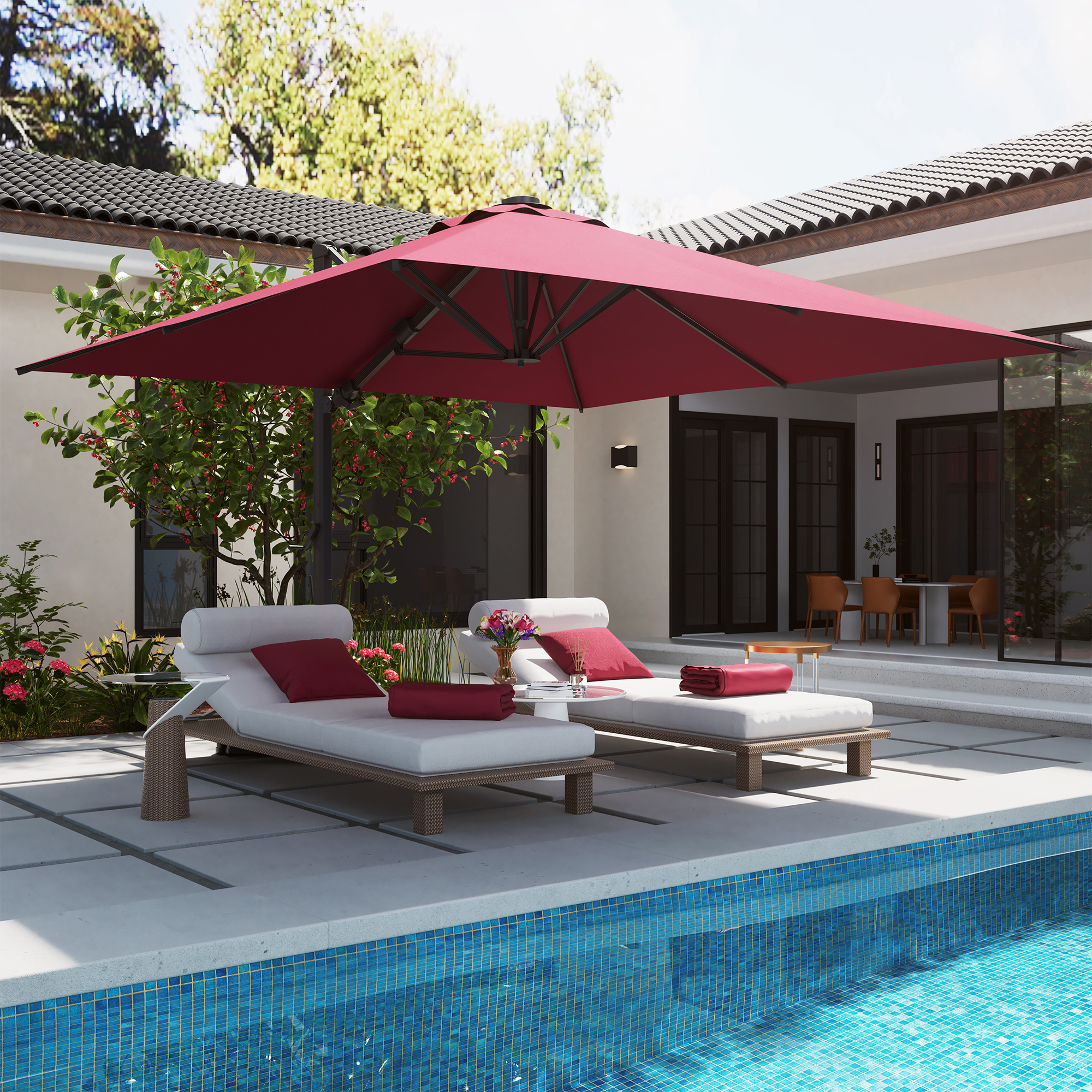 Square Aluminum Cantilever Patio Umbrella with 90° Tilt, LED & Bluetooth Mood Light, and Base Included