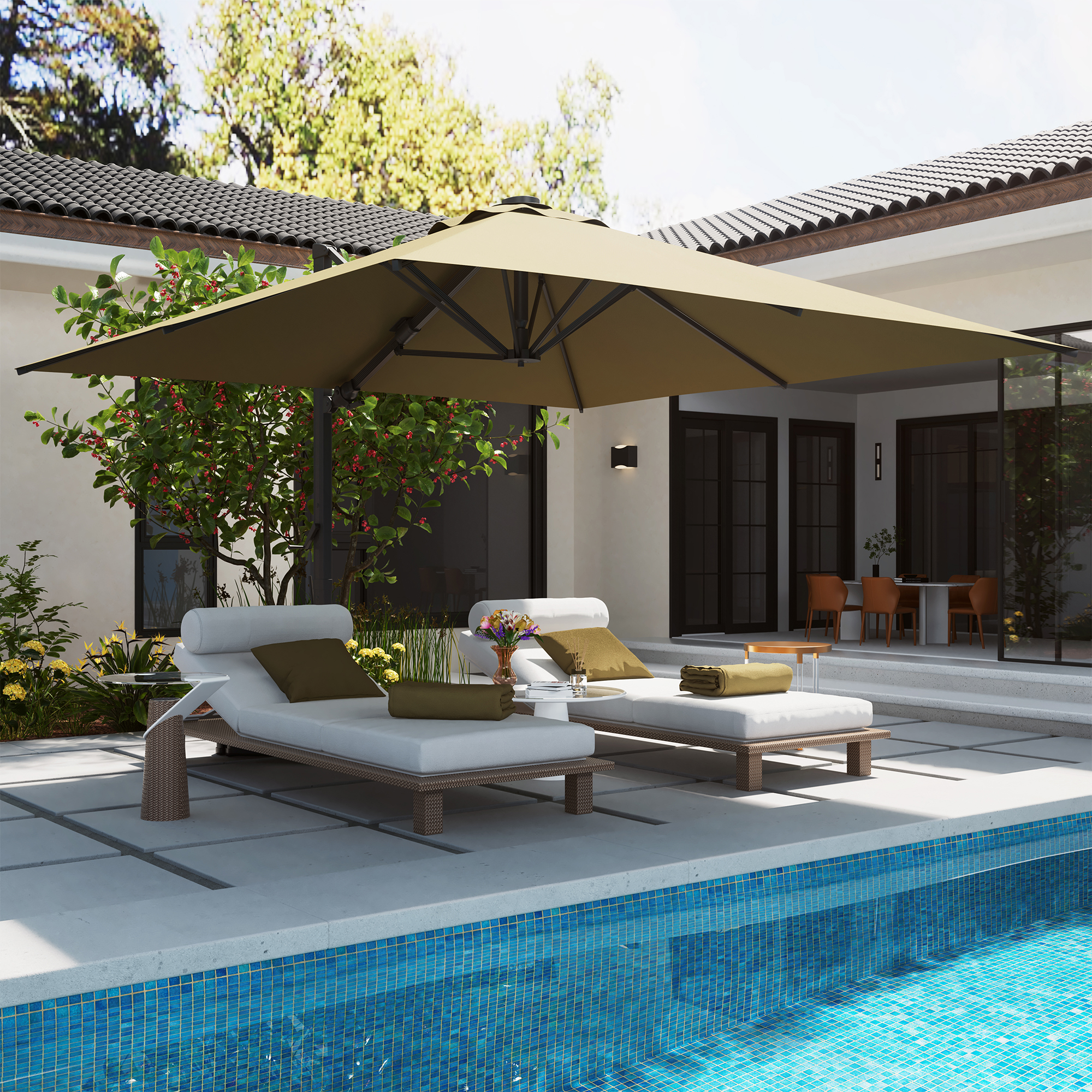 Square Aluminum Cantilever Patio Umbrella with 90° Tilt, LED & Bluetooth Mood Light, and Base Included