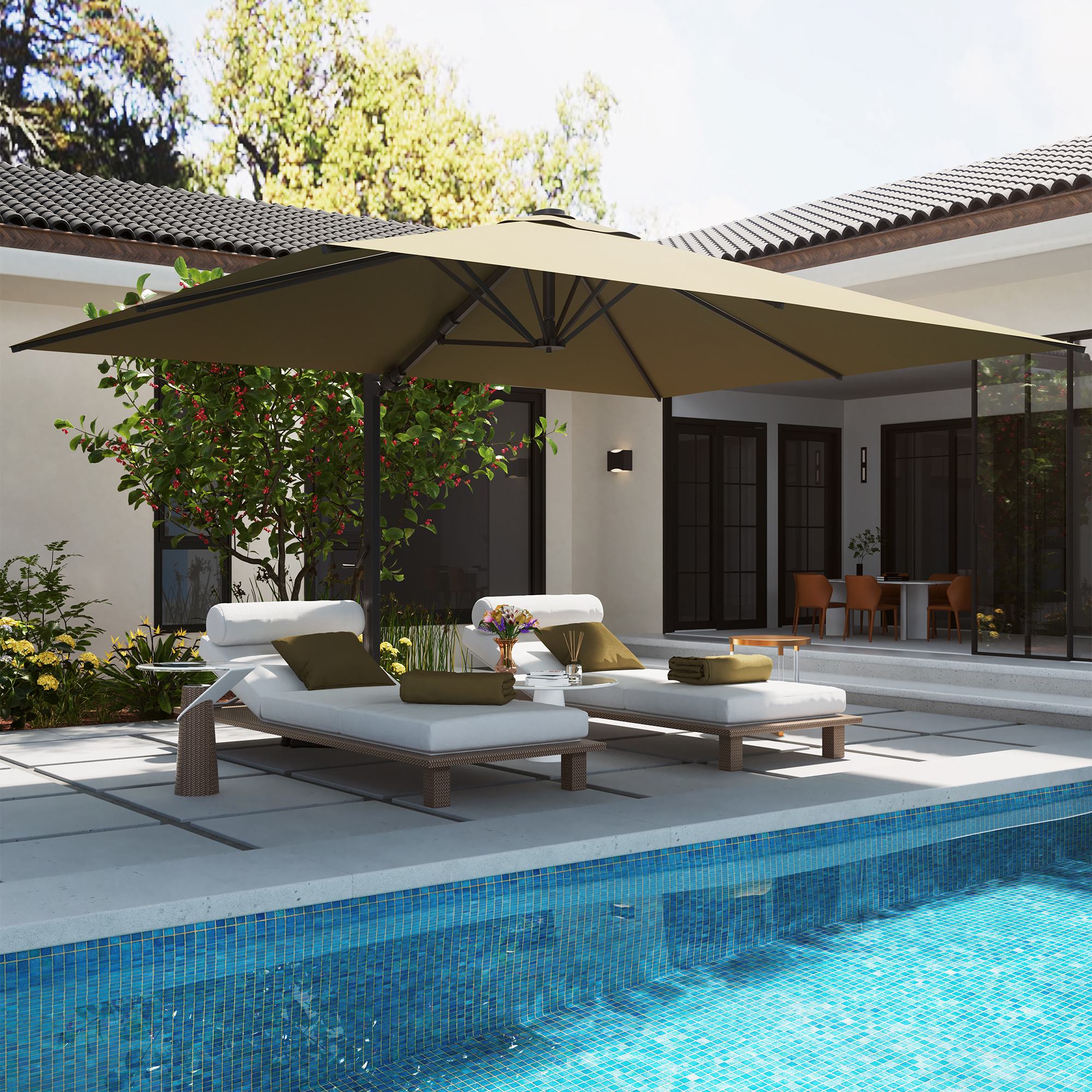 10ft Square Bluetooth Ambient Light 360° Rotation Outdoor Cantilever Tilt Patio Umbrella