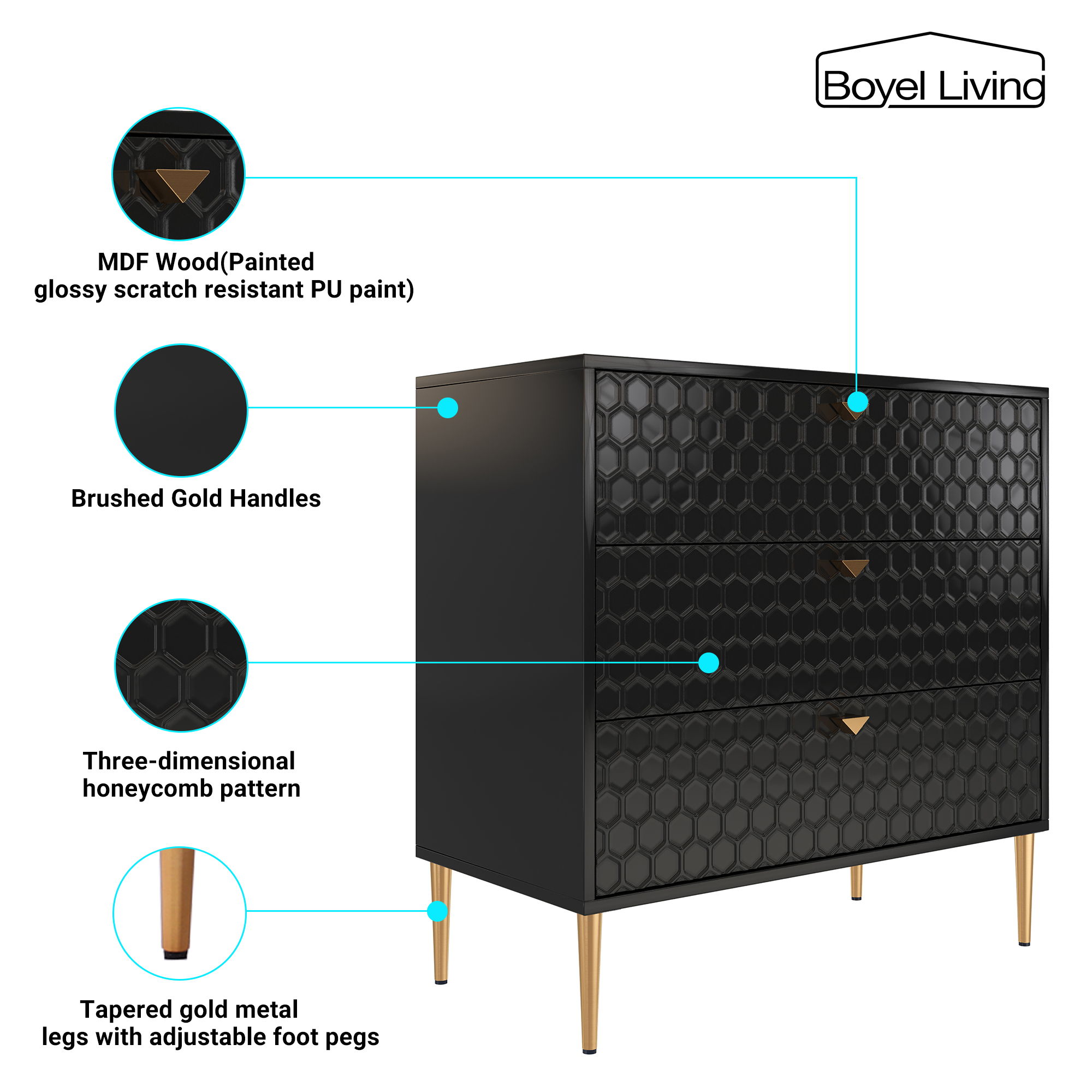 3 Drawers Storage TV Stand Sideboard Decorated Cabinet