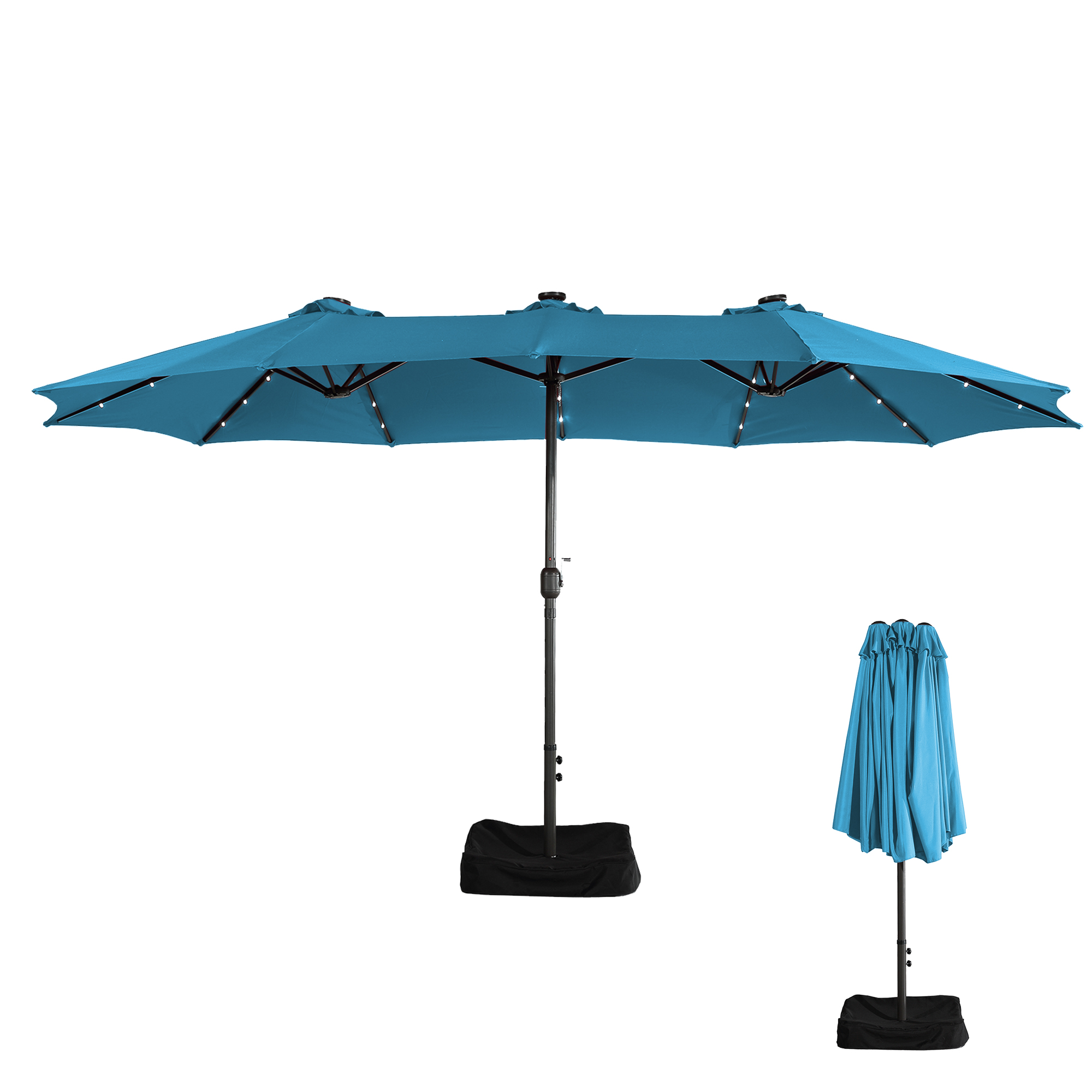15ft Rectangular Patio Umbrella with Base and LED Lights