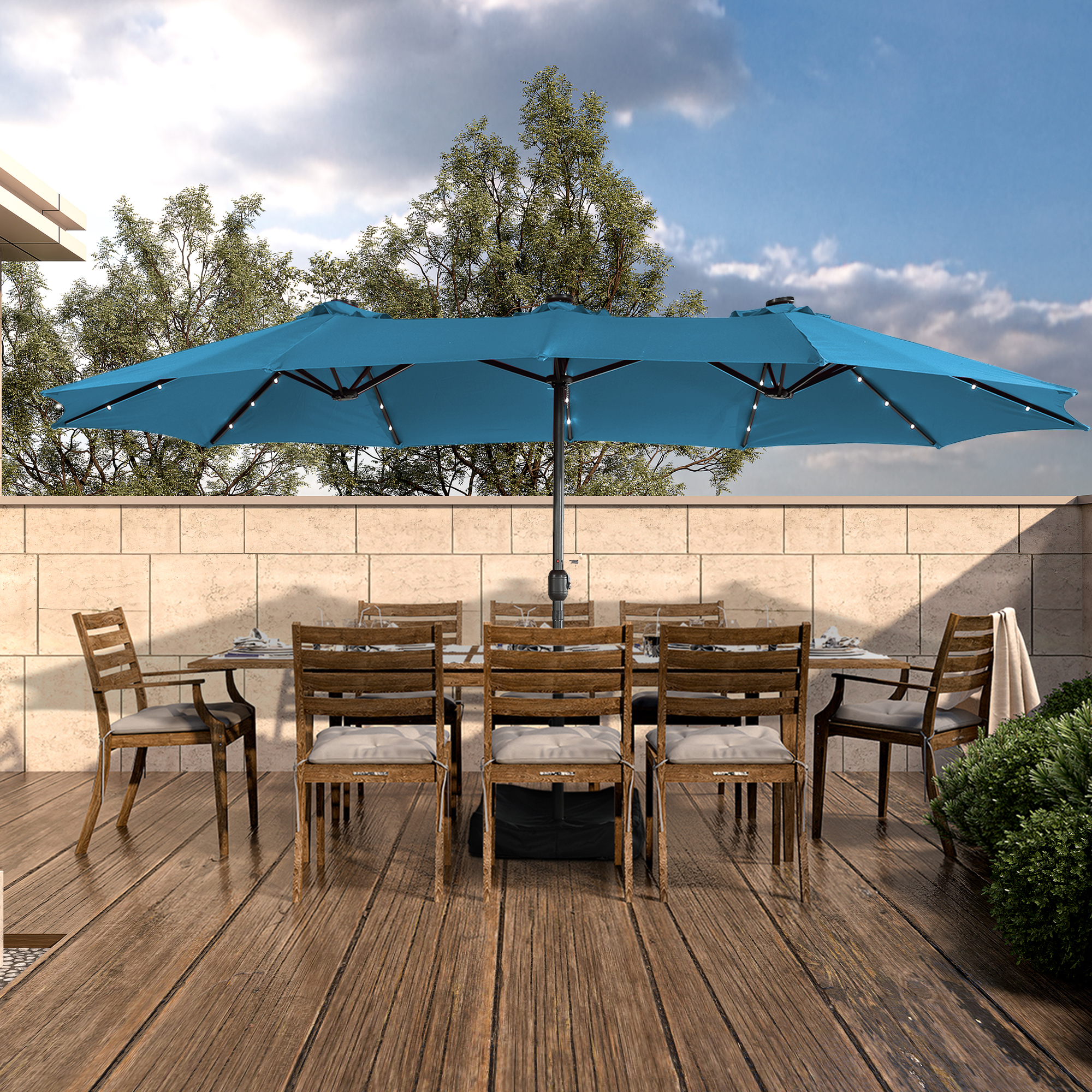 15ft Rectangular Patio Umbrella with Base and LED Lights