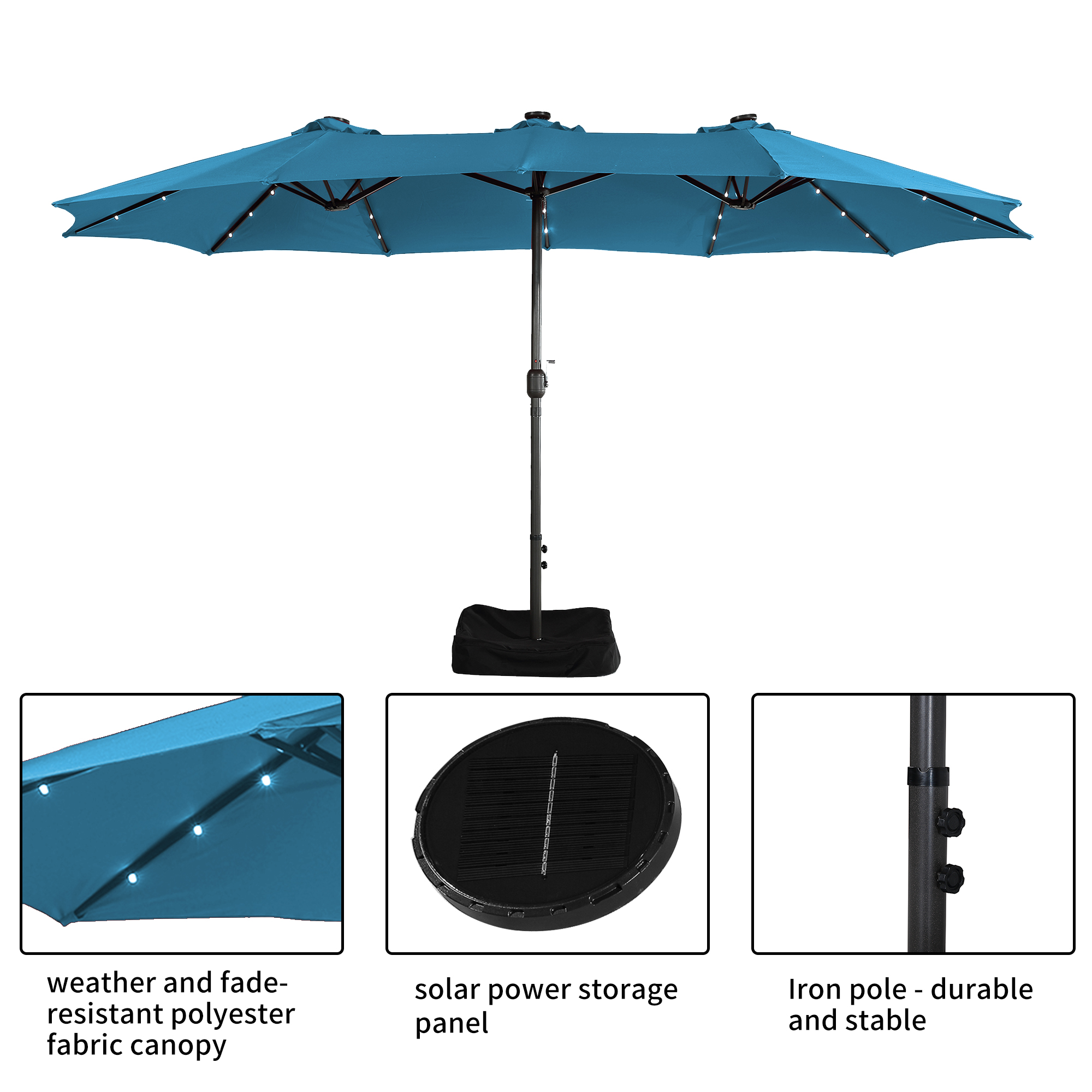 15ft Rectangular Patio Umbrella with Base and LED Lights