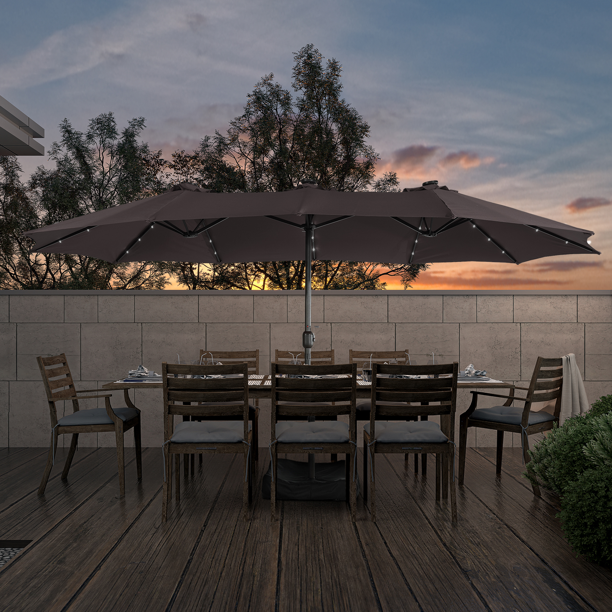 15ft Rectangular Patio Umbrella with Base and LED Lights