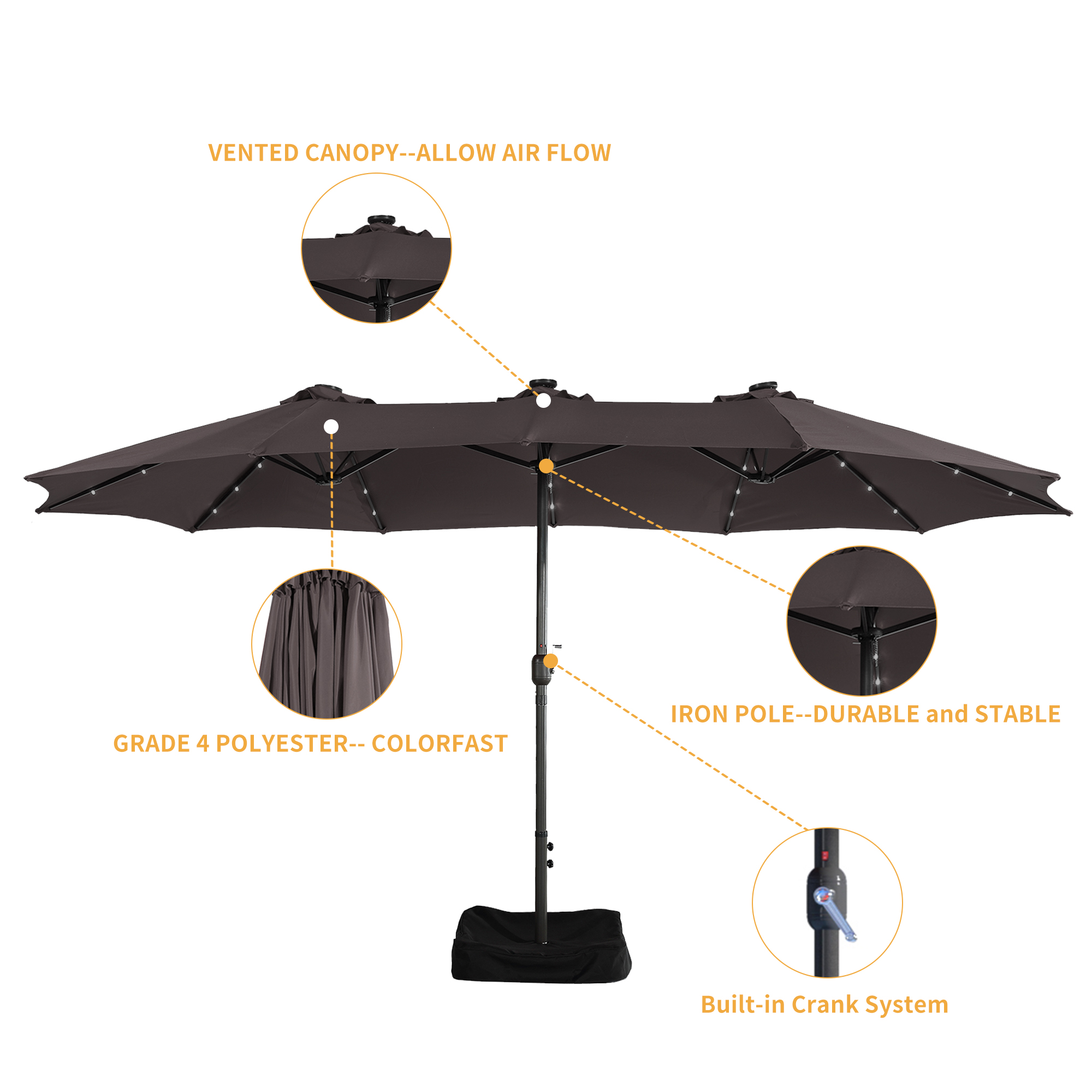 15ft Rectangular Patio Umbrella with Base and LED Lights
