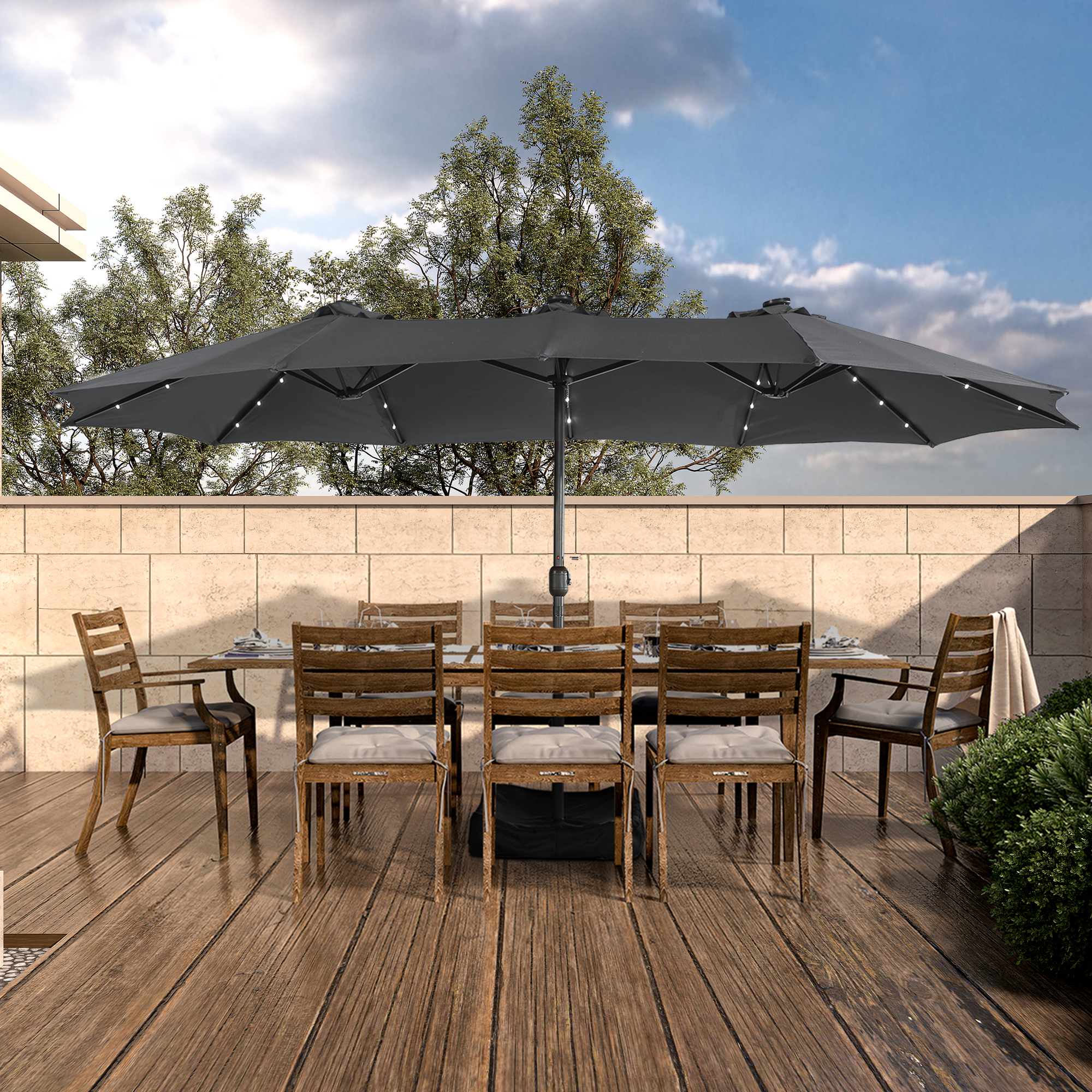 15ft Rectangular Patio Umbrella with Base and LED Lights