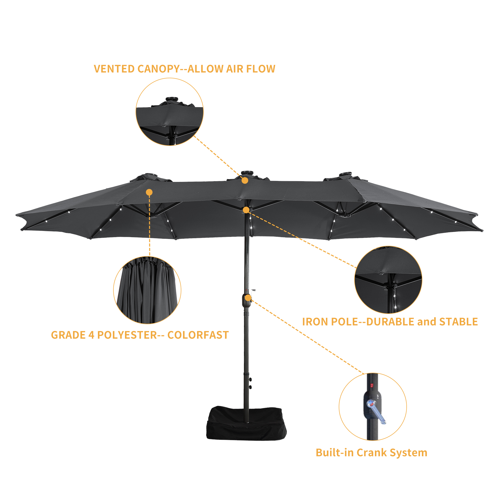 15ft Rectangular Patio Umbrella with Base and LED Lights