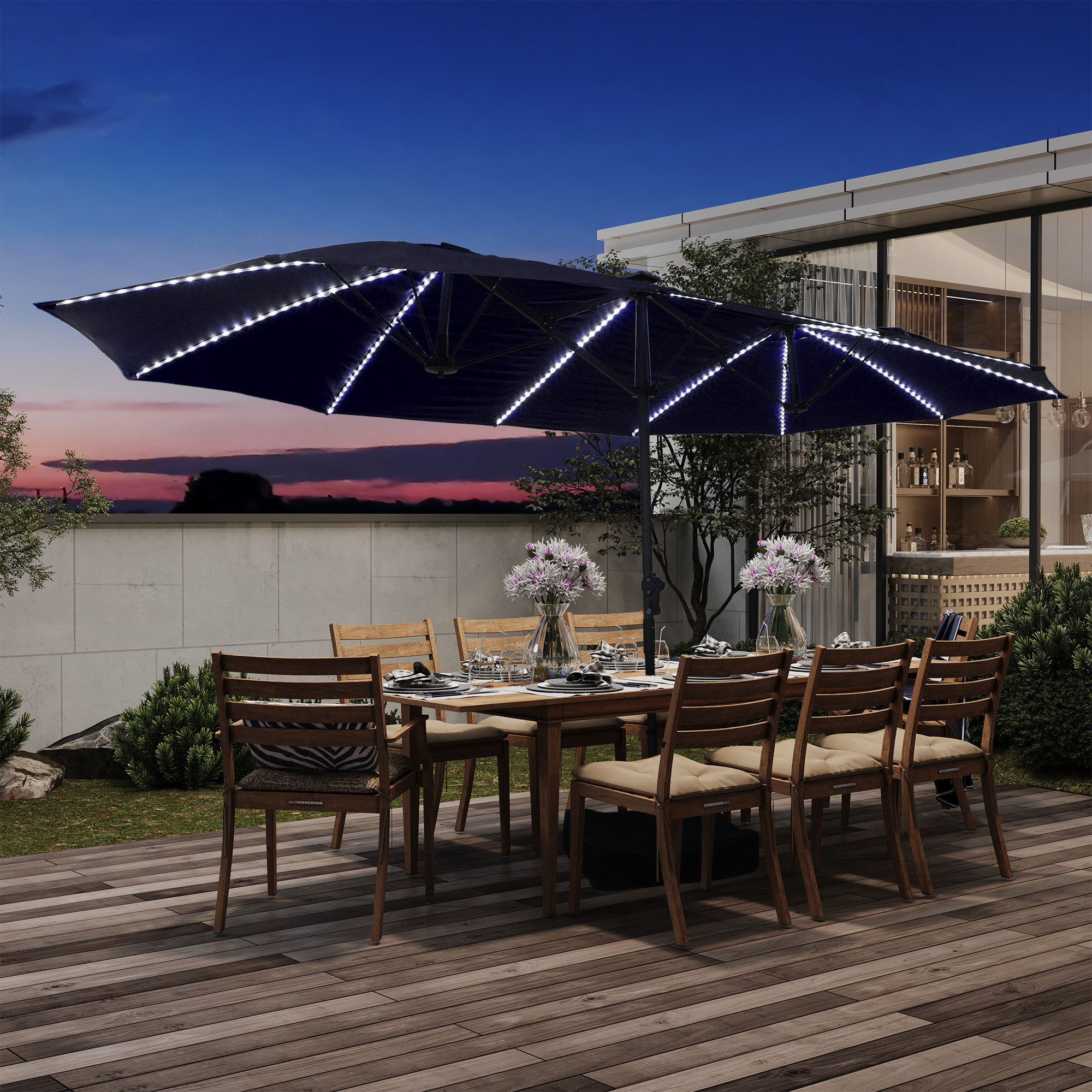 15ft Rectangular Dual-Sided Patio Fiberglass Ribs Umbrella with LED Lights