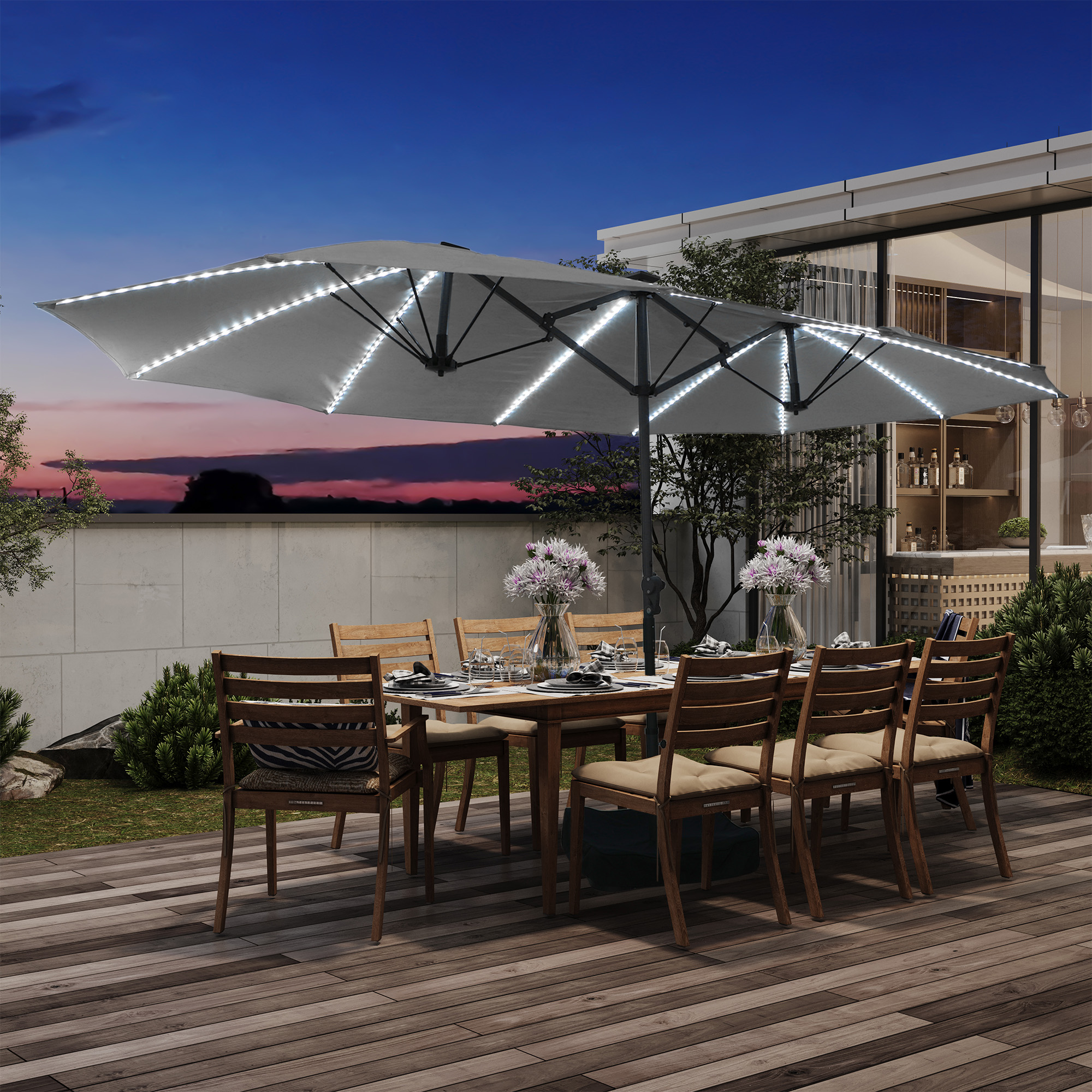 15ft Rectangular Dual-Sided Patio Fiberglass Ribs Umbrella with LED Lights