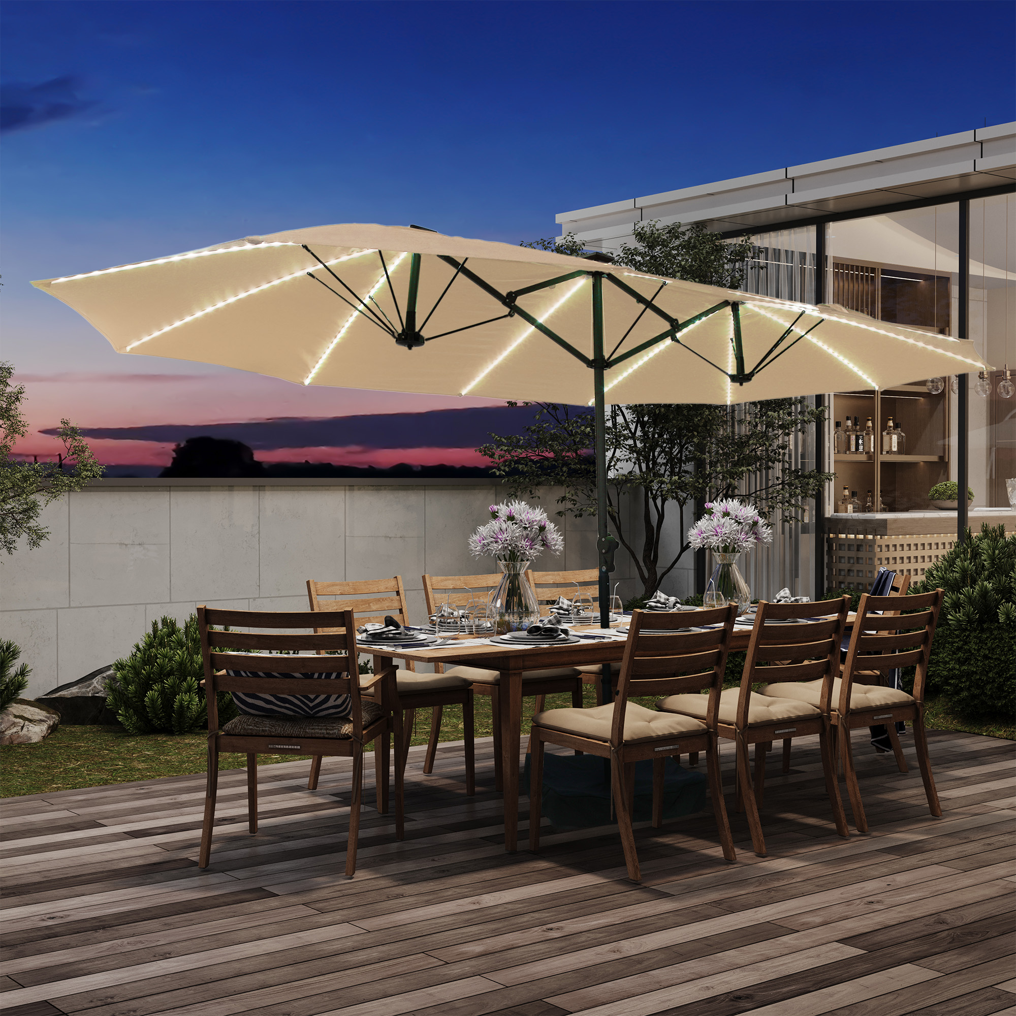 15ft Rectangular Dual-Sided Patio Fiberglass Ribs Umbrella with LED Lights