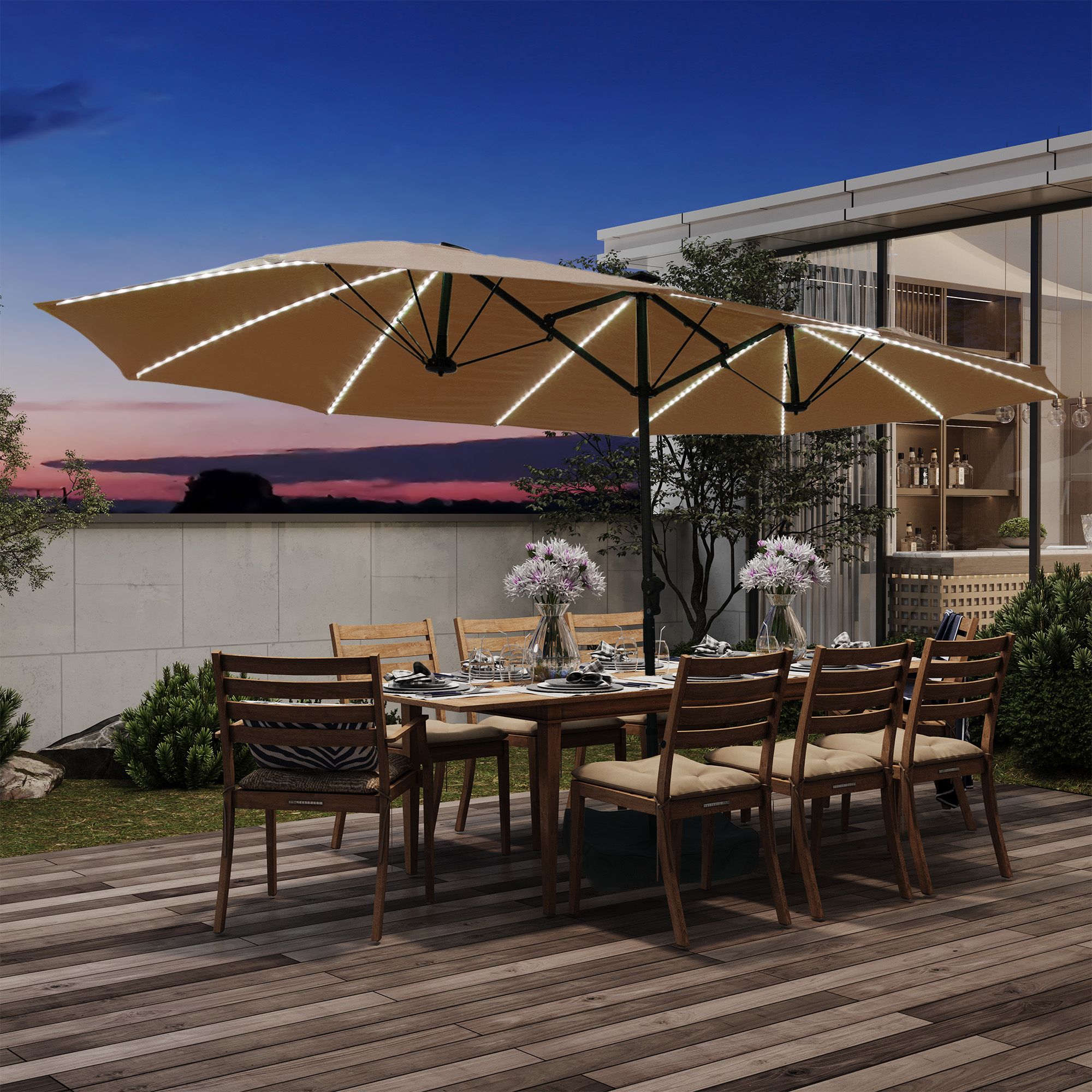 15ft Rectangular Dual-Sided Patio Fiberglass Ribs Umbrella with LED Lights