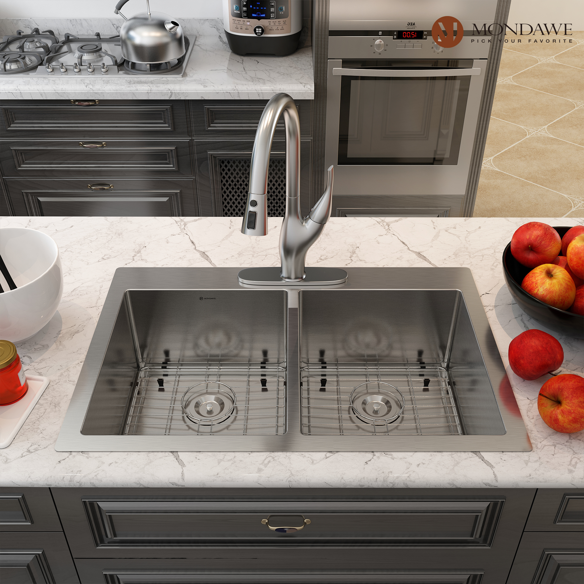 Drop-In 33-in x 22-in Brushed Stainless Steel Double Bowl Kitchen Sink-Mondawe