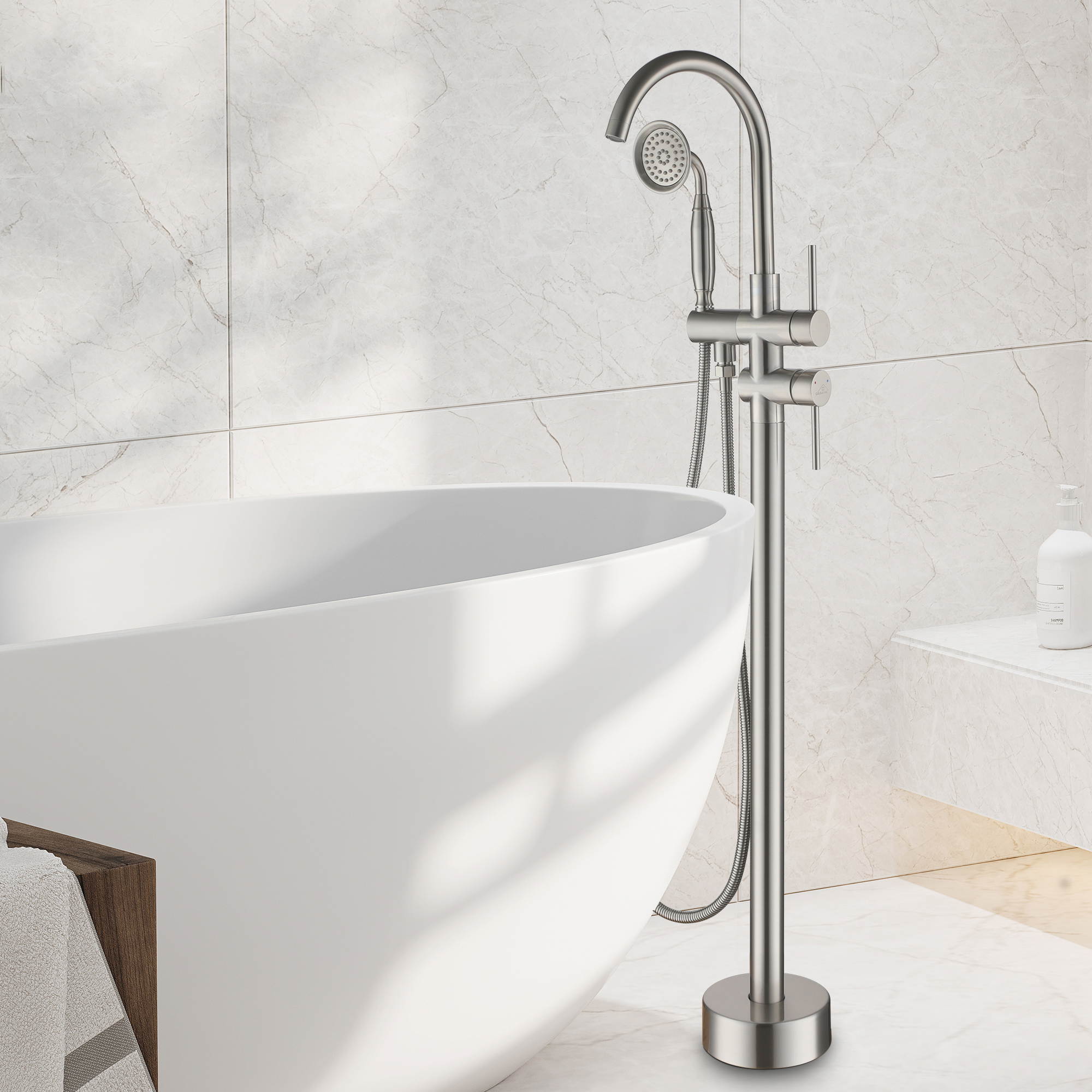 2.5 GPM Floor Mount Freestanding Tub Faucet with Handheld Shower, Brushed Nickel/Matte Black