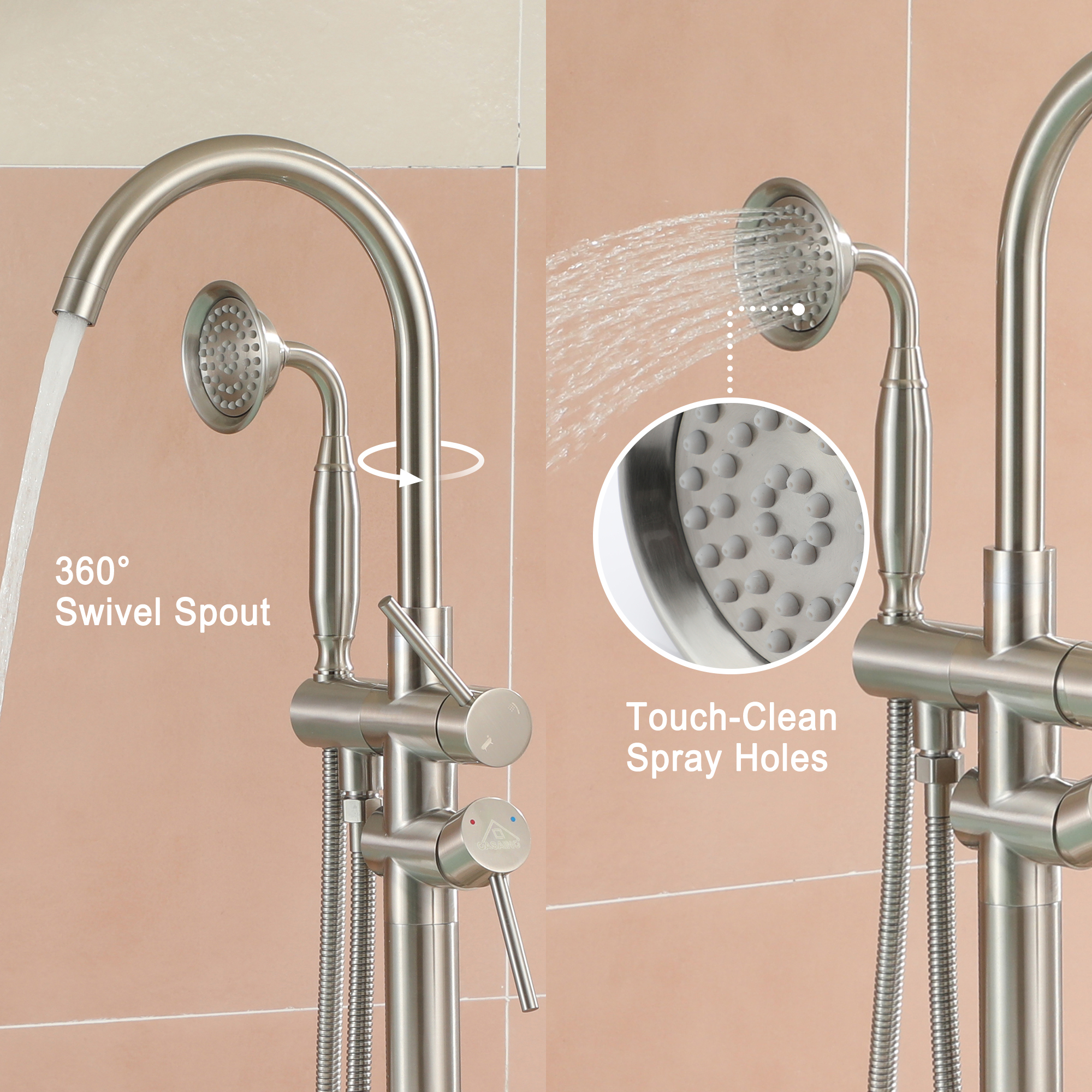 2.5 GPM Floor Mount Freestanding Tub Faucet with Handheld Shower, Brushed Nickel/Matte Black