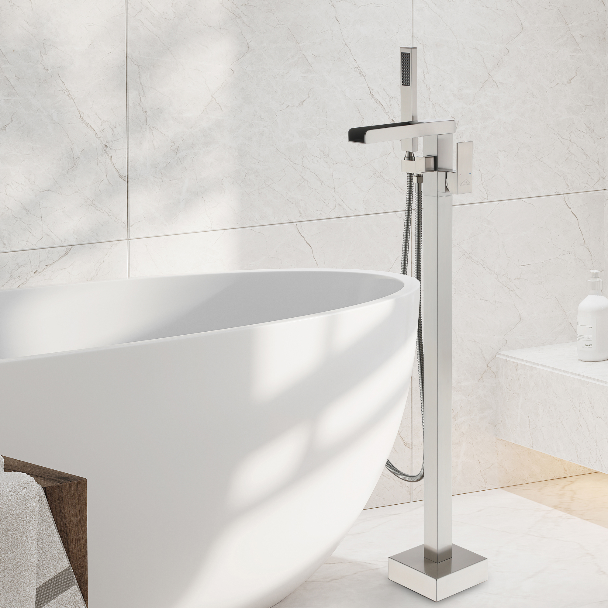 2.5 GPM Floor Mount Freestanding Waterfall Tub Faucet with Handheld Shower, Brushed Nickel/Matte Black/Brushed Gold