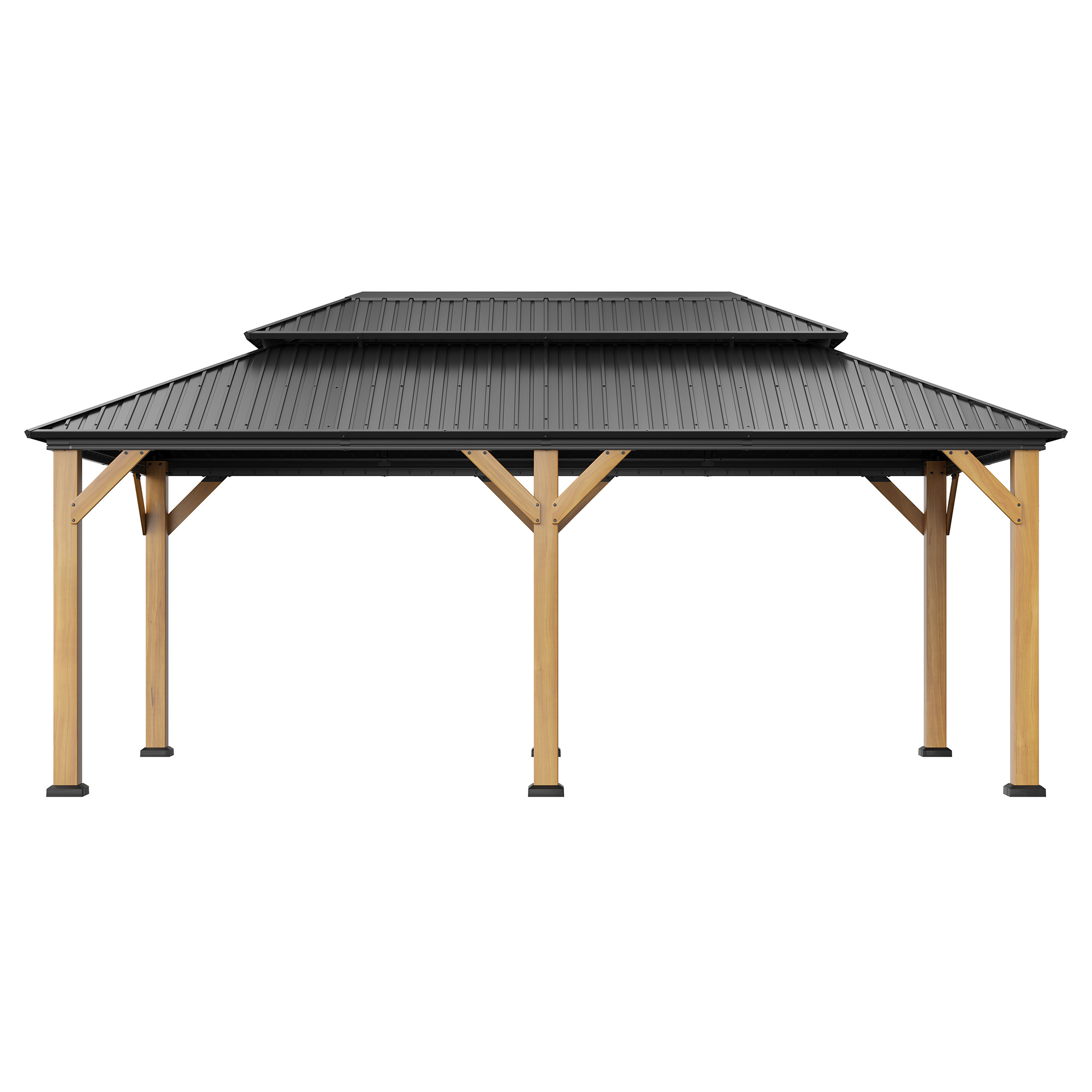12x20 ft Outdoor Cedar Wood Frame Gazebo Galvanized Steel Hardtop Double Roof Permanent Metal Pavilion with Curtains and Netting